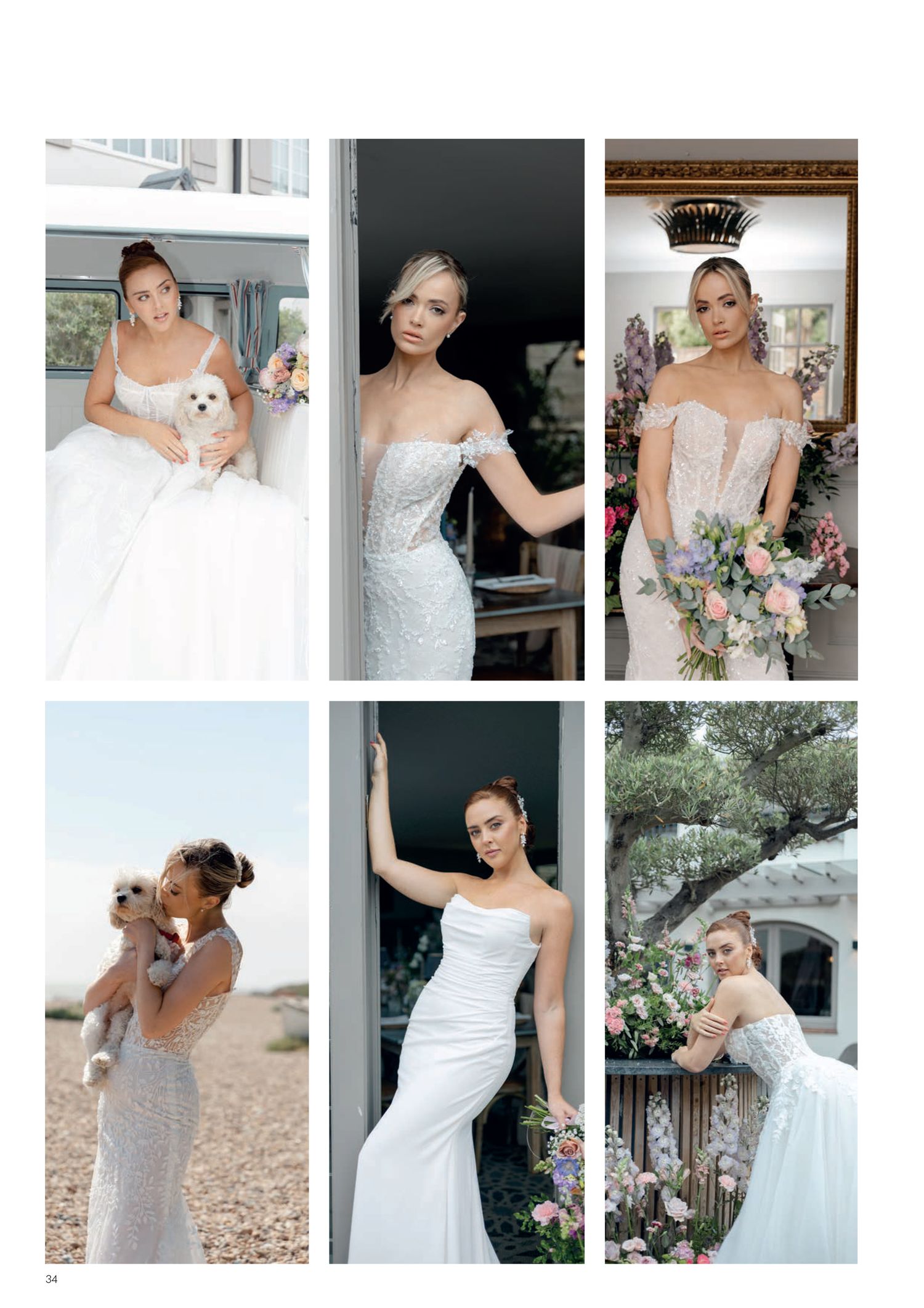Collage of six wedding photos showing different bridal poses and wedding dress styles.