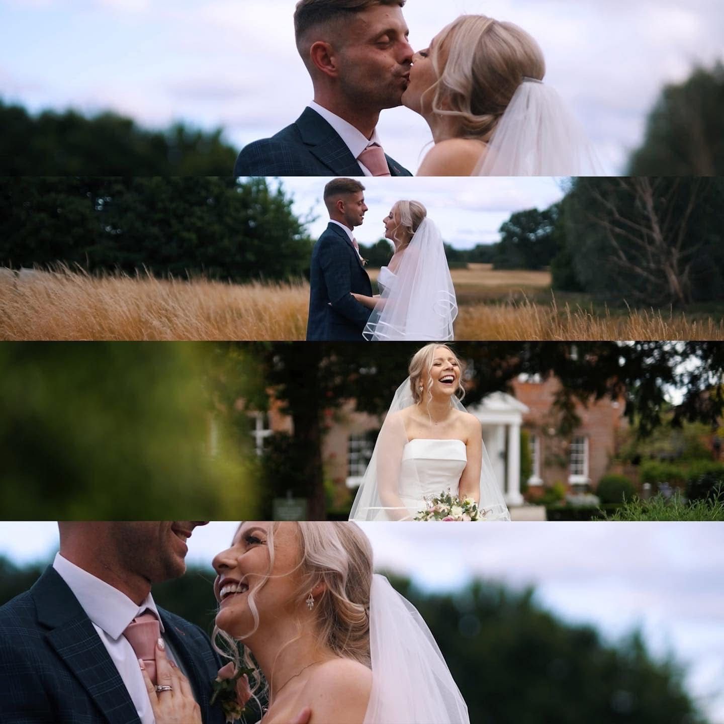 Romantic wedding photo collage featuring a couple kissing, posing in gardens, and sharing joyful moments in elegant attire.