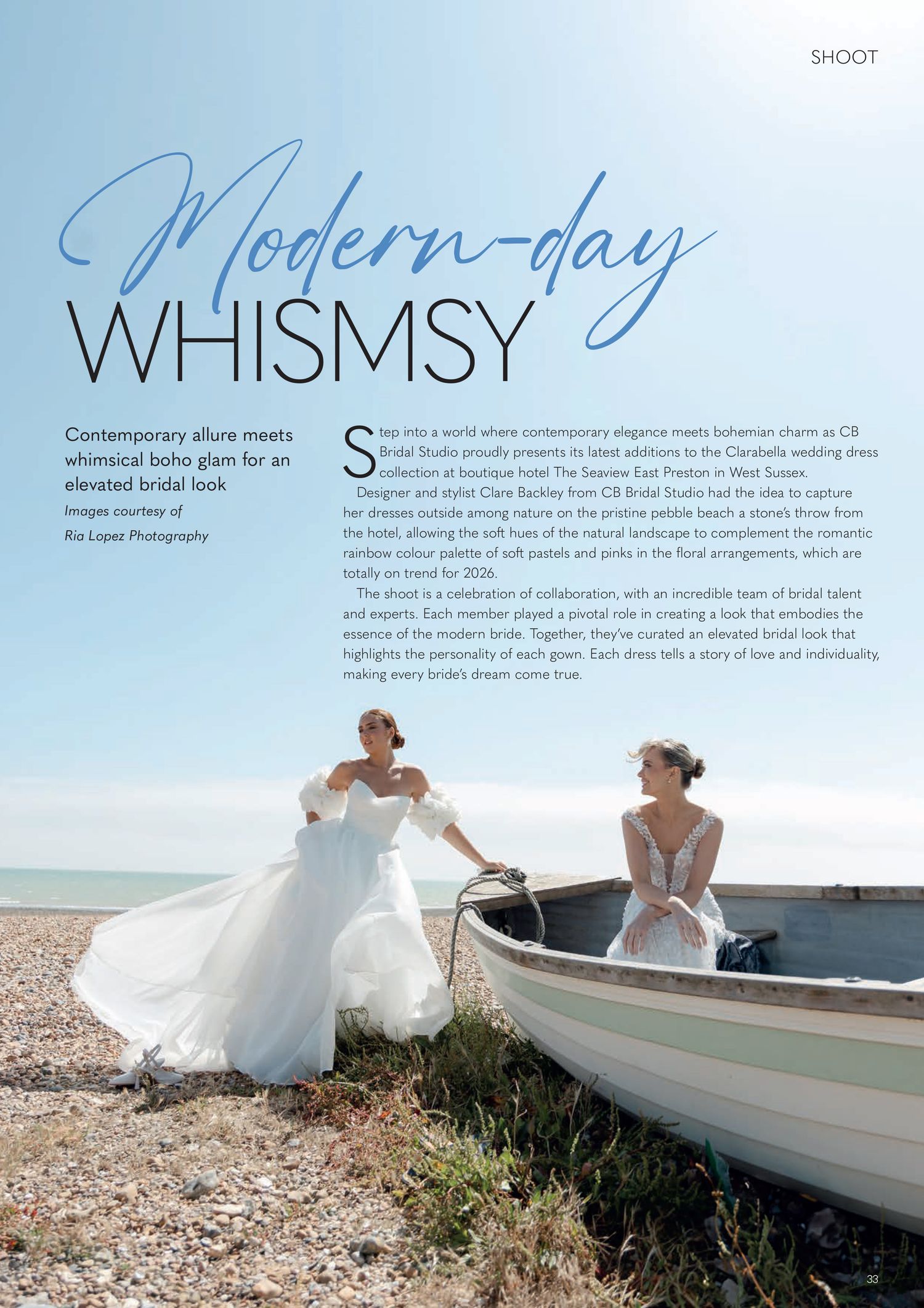 Editorial spread titled Modern-day Whimsy showing brides in wedding dresses near a boat on a beach.