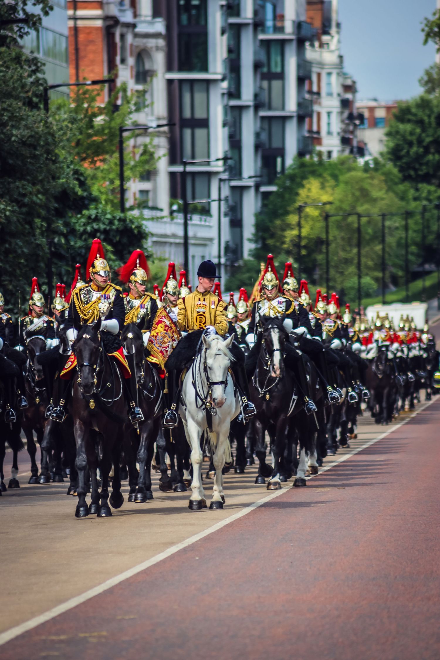 Ceremonial guards on horseback marching down a wide city street during a formal parade.