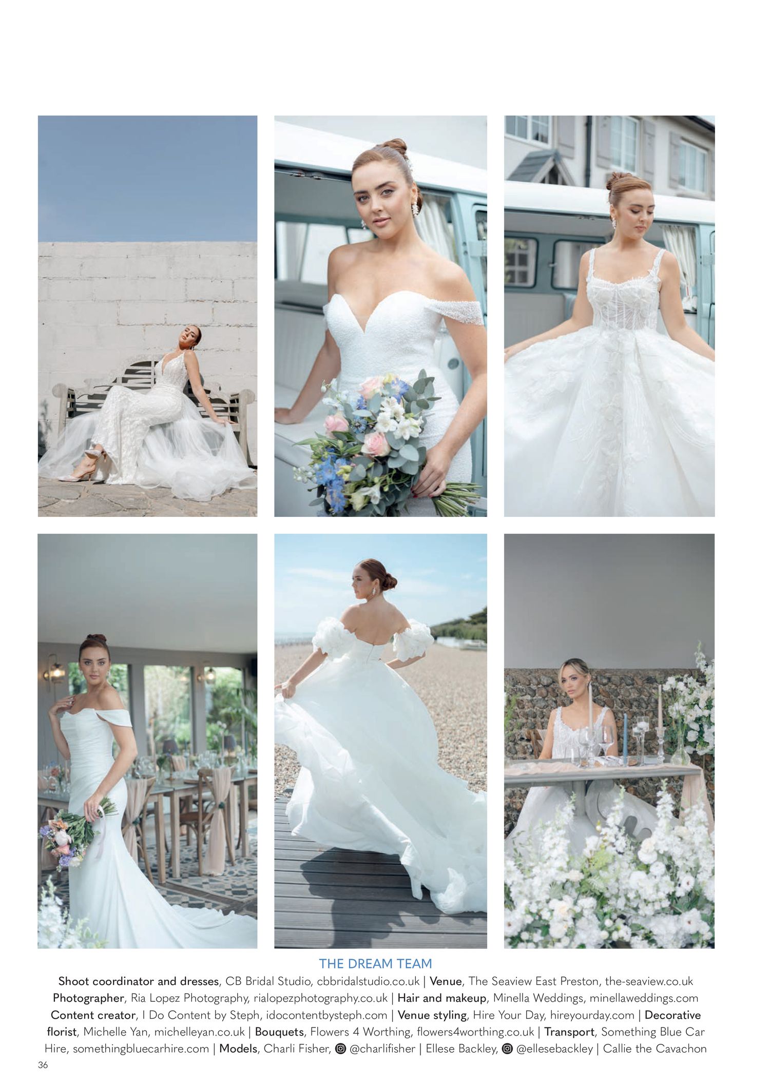 Grid layout of wedding photography showing various bridal poses and wedding dress styles.