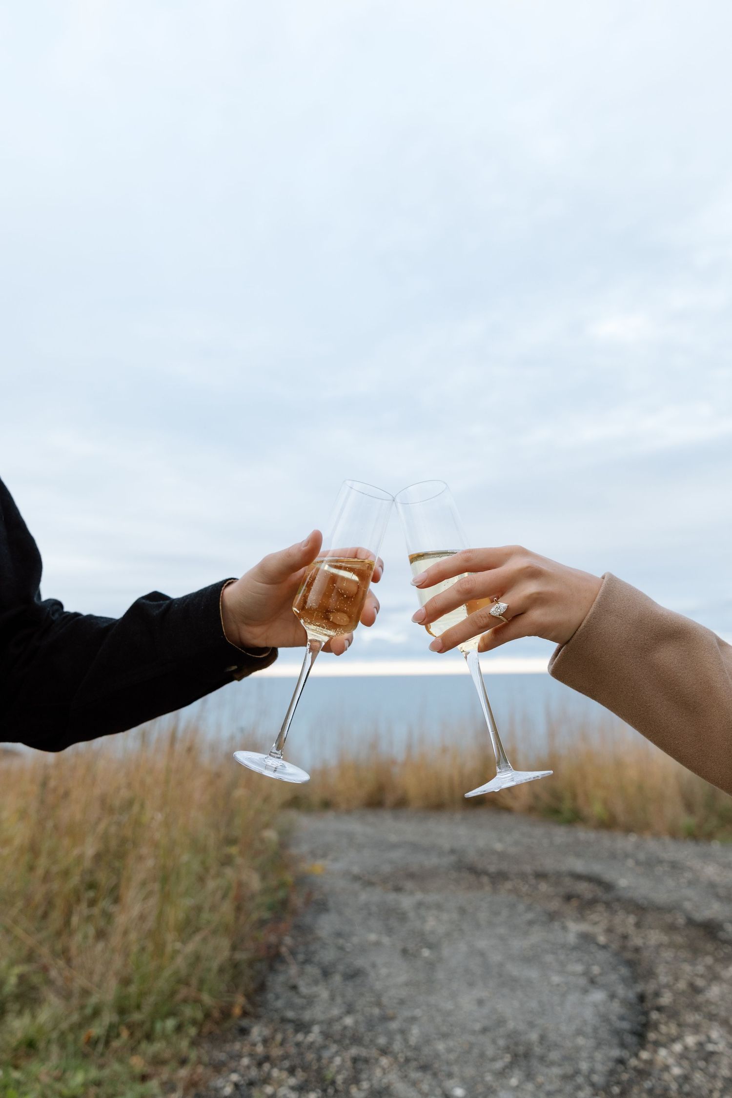 Close-up shots of champagne glasses clinking together against a cloudy sky.