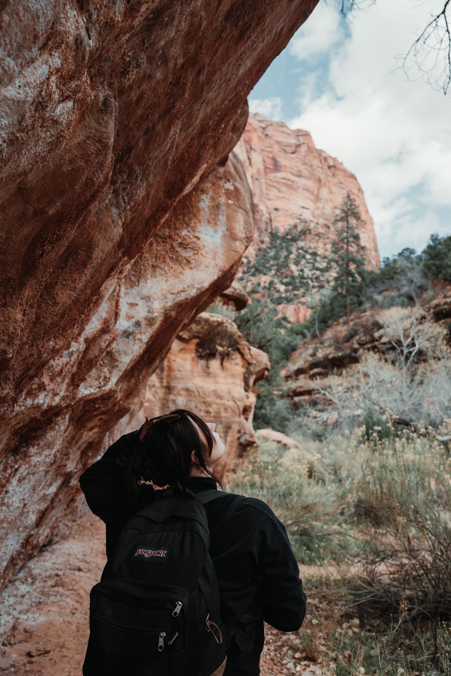 Red rock canyon landscape with dramatic cliffs and desert vegetation.