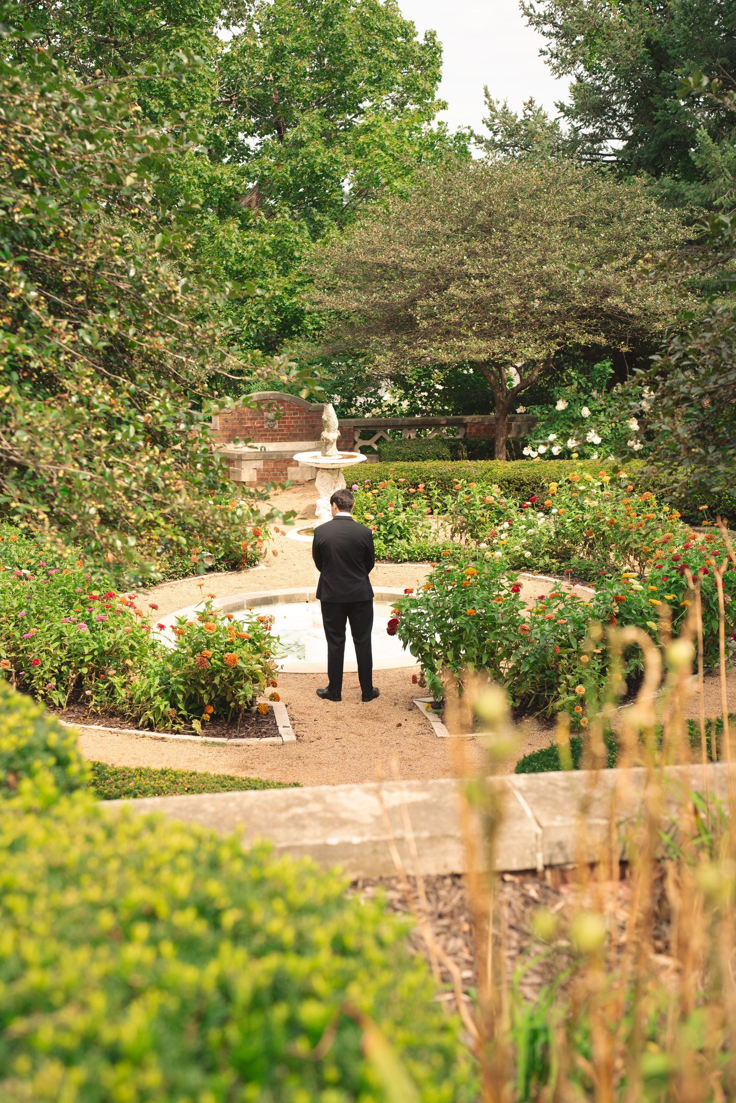 Garden pathway with lush greenery and blooming flowers creating a romantic outdoor setting.