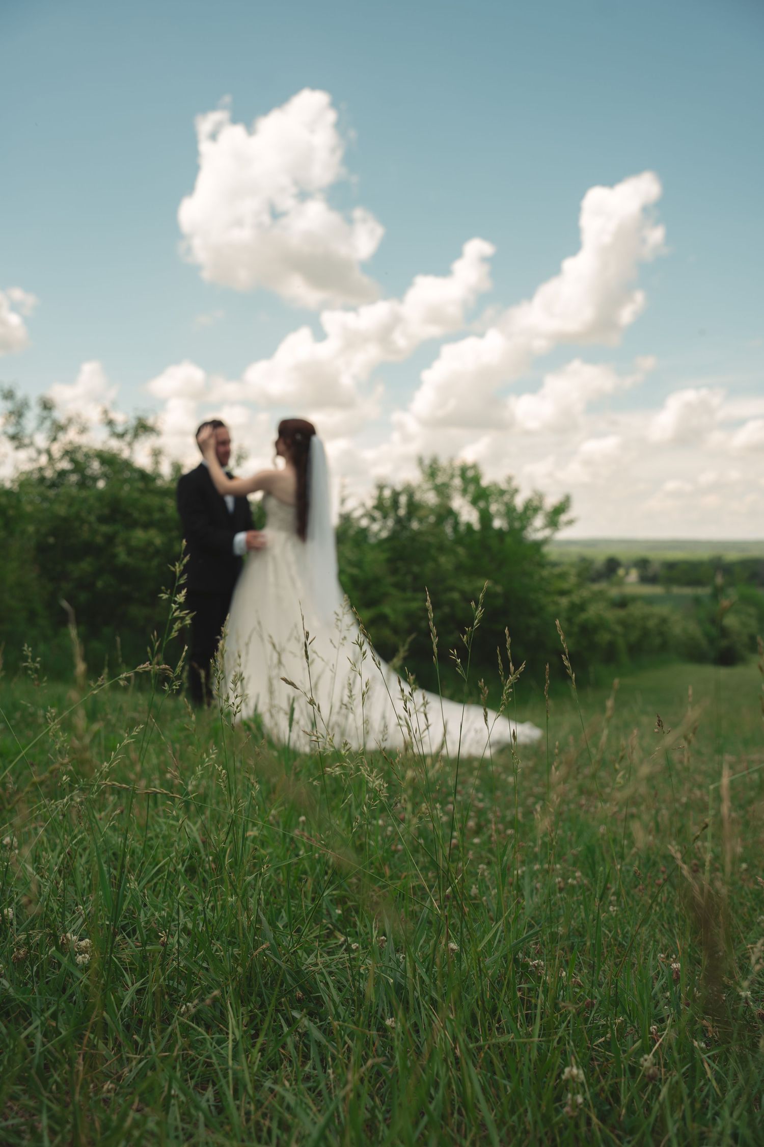 A bride and groom embrace in a lush green field under a blue sky with fluffy white clouds on their wedding day.