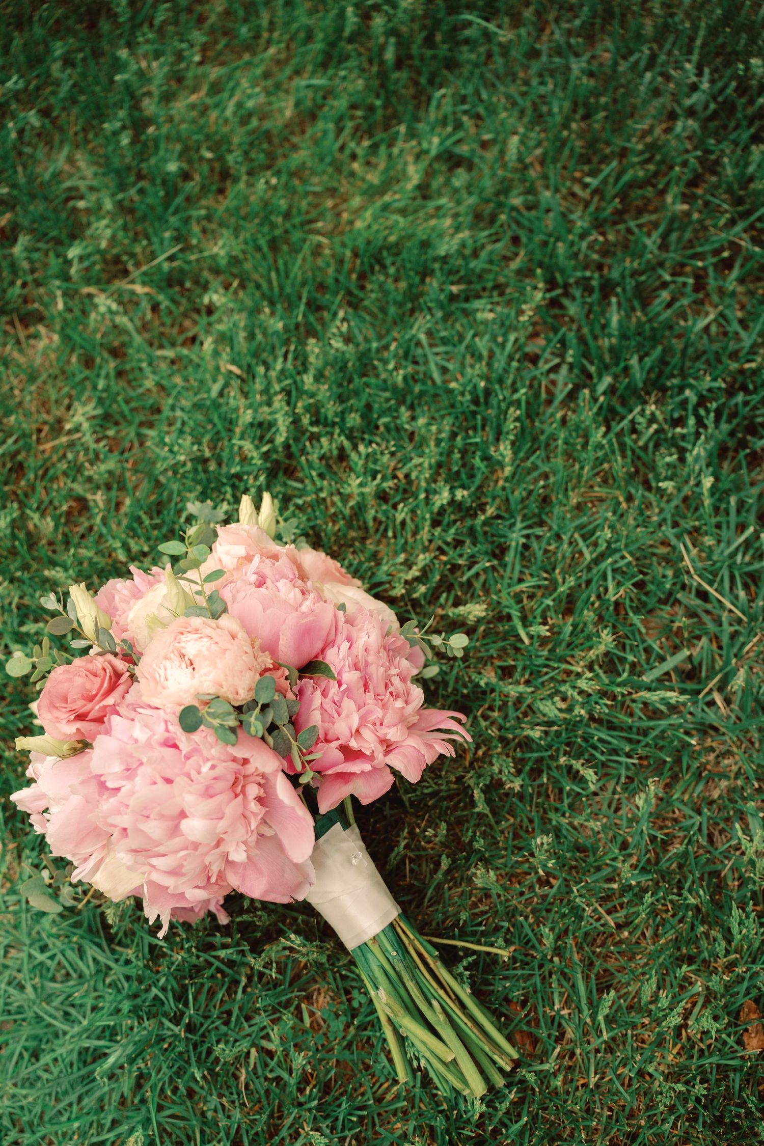 Pink peony and rose bridal bouquet wrapped in white ribbon, resting on lush green grass outdoors.
