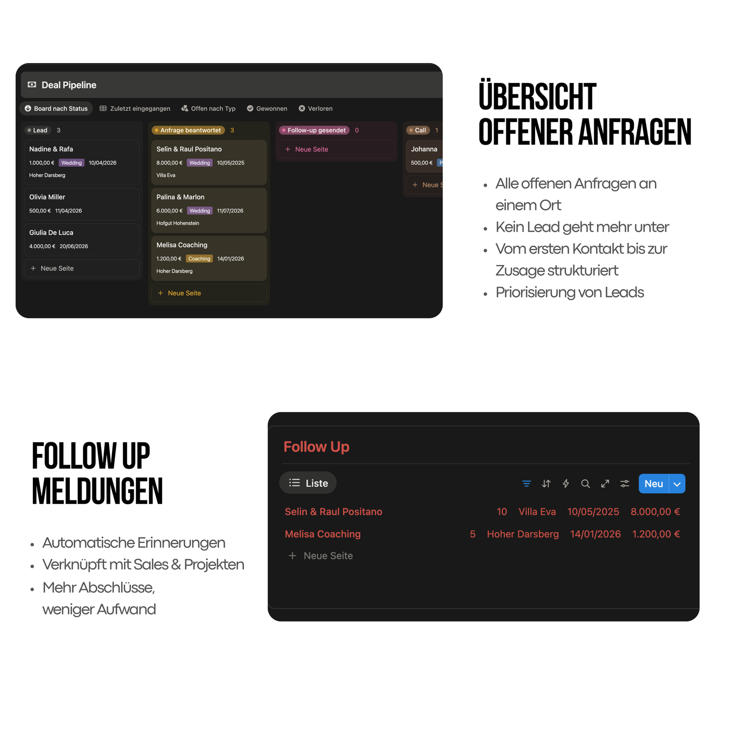 CRM Deal Pipeline and Follow Up dashboard interface in dark mode with German UI labels.