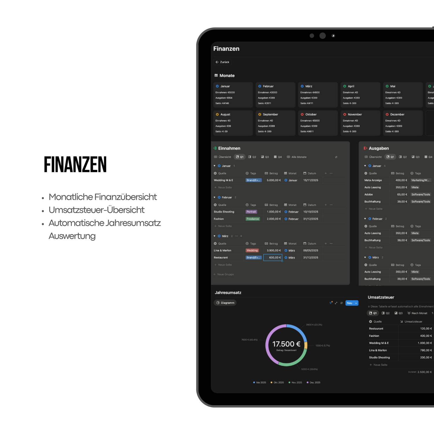 Dark-themed finance dashboard app on tablet showing monthly overview, VAT summary, and annual revenue analytics.