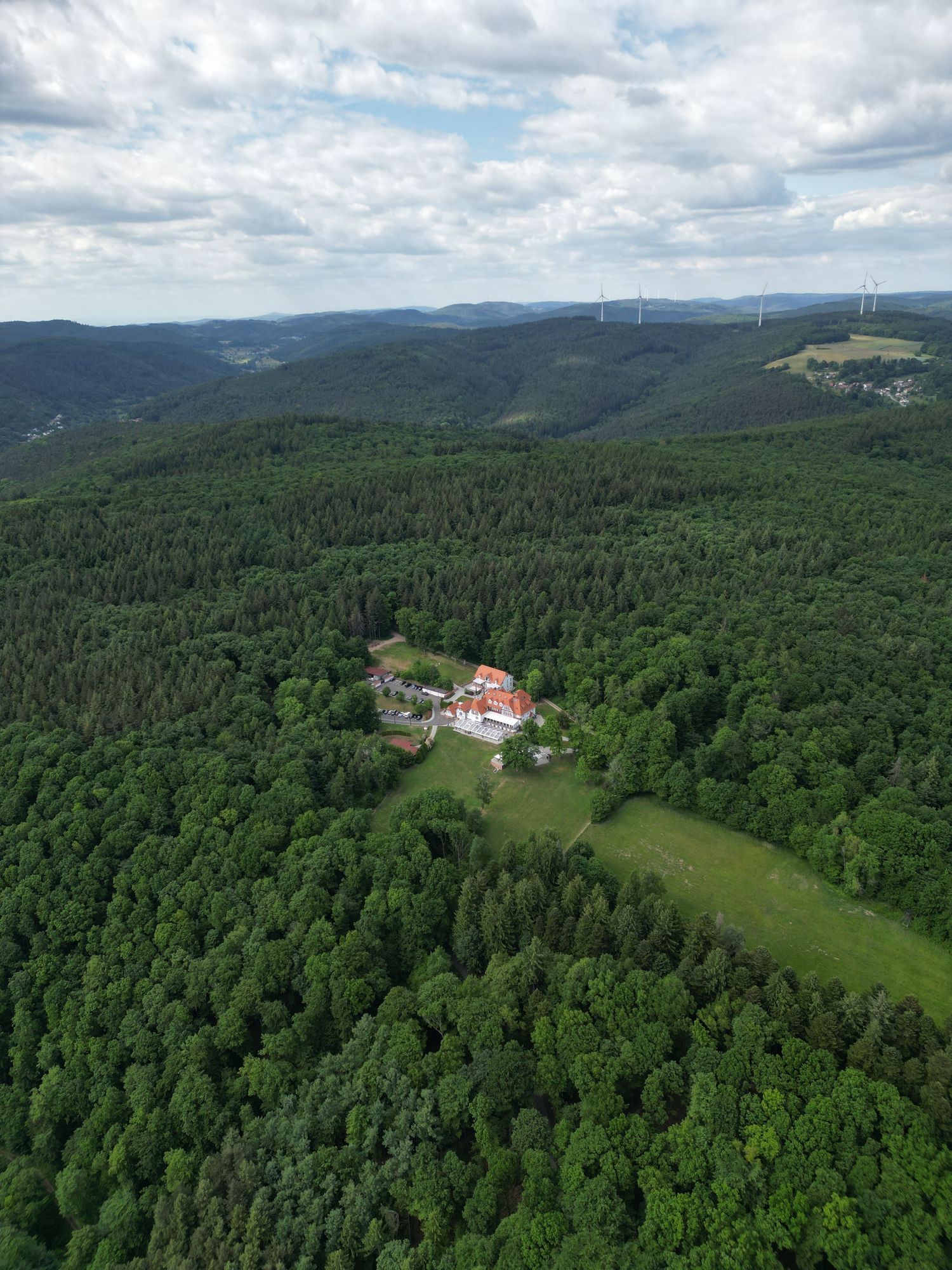 Aerial view of lush green forest landscape with mountains and scattered buildings in distance.