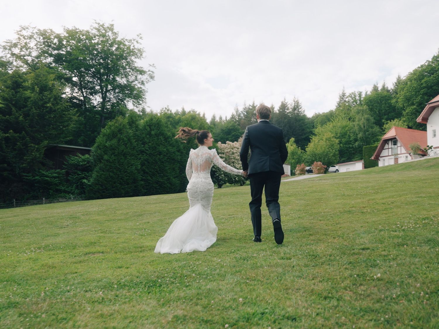 Wedding photography sequence on grassy hillside with forest backdrop.