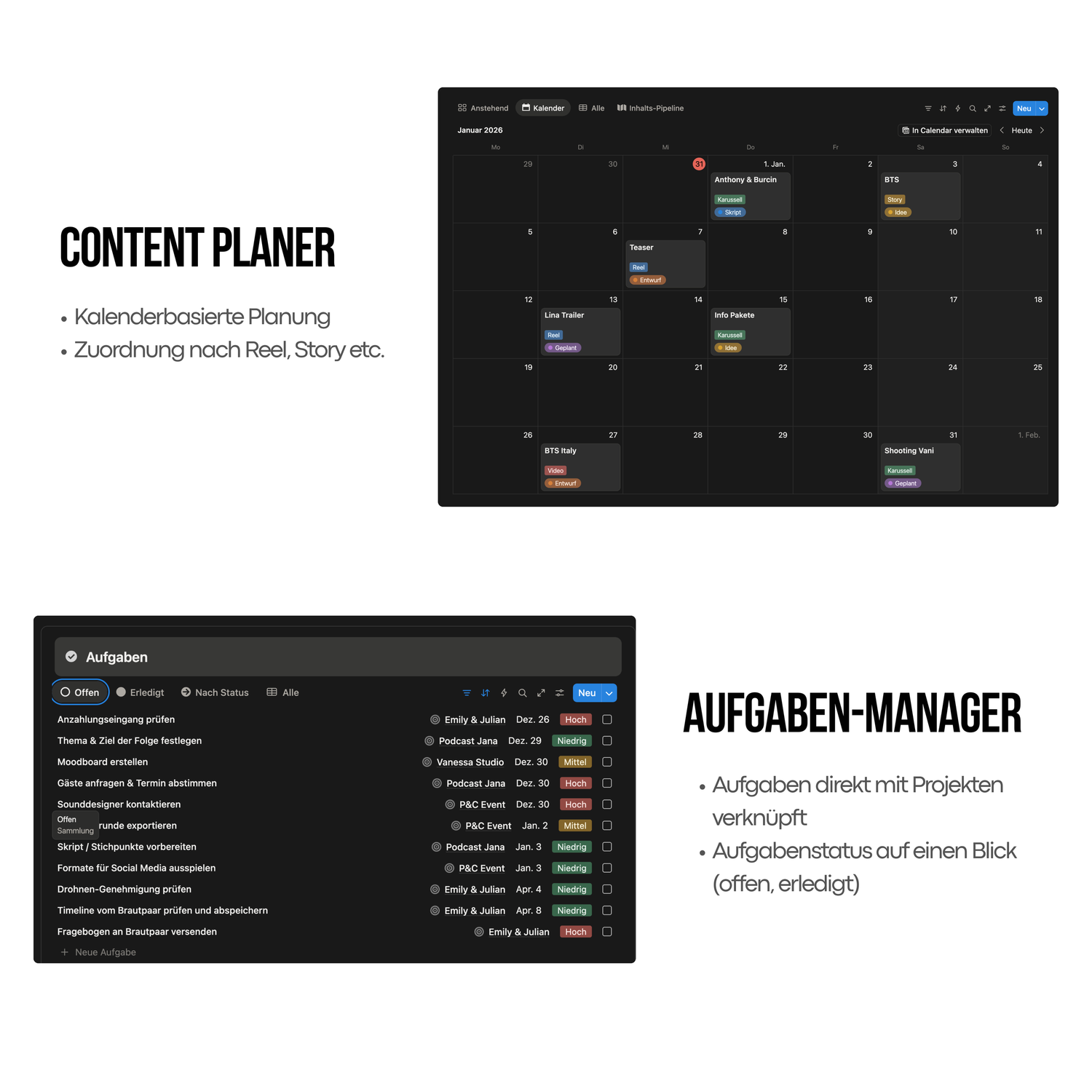 Notion content planner and task manager interface showing calendar-based planning and project-linked task management in dark mode.