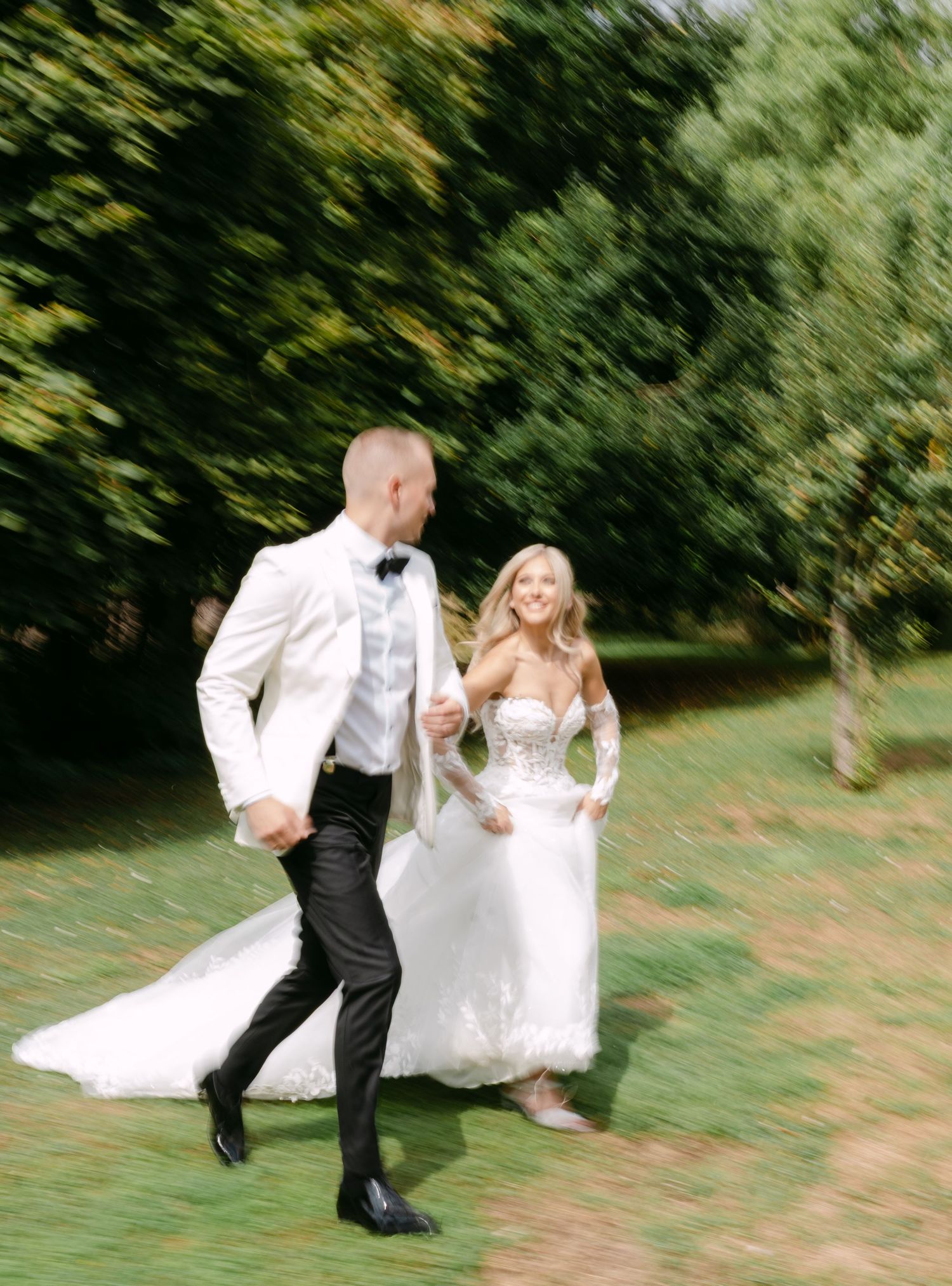 Dynamic wedding photo sequence capturing movement and joy in a garden setting.