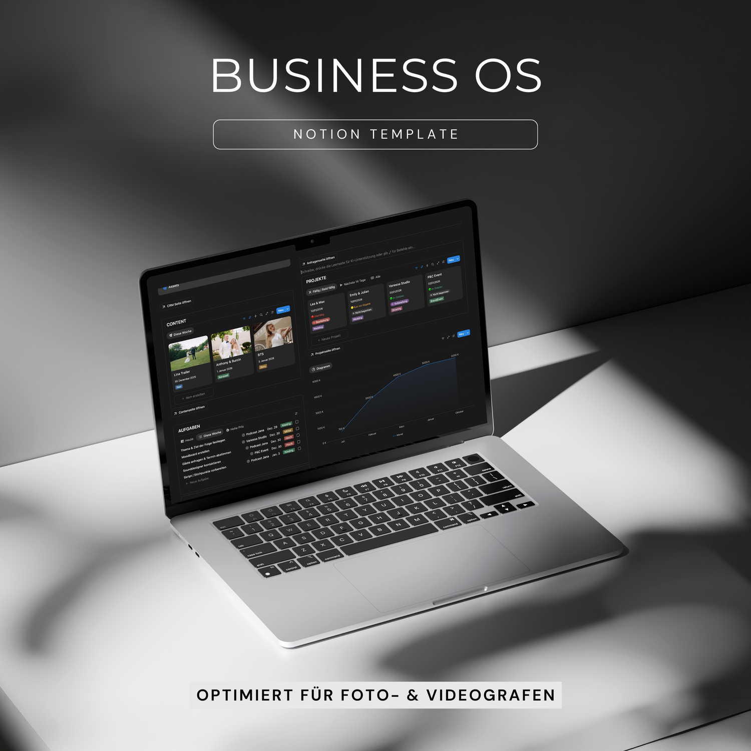 Business OS Notion template for photographers and videographers displayed on a MacBook with dark dashboard UI.