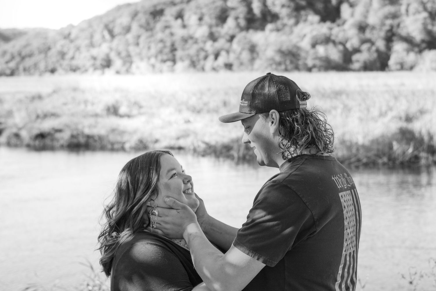 Candid black and white photos capturing intimate interactions in an outdoor setting.