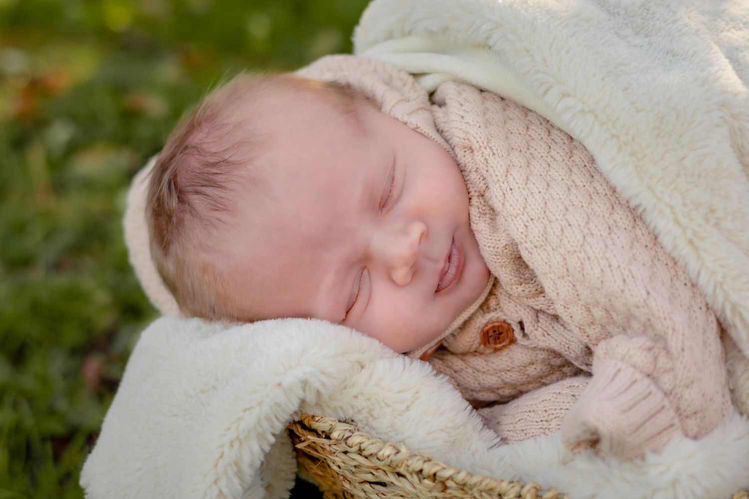 A cozy outdoor family photo session on fallen autumn leaves with warm natural lighting.