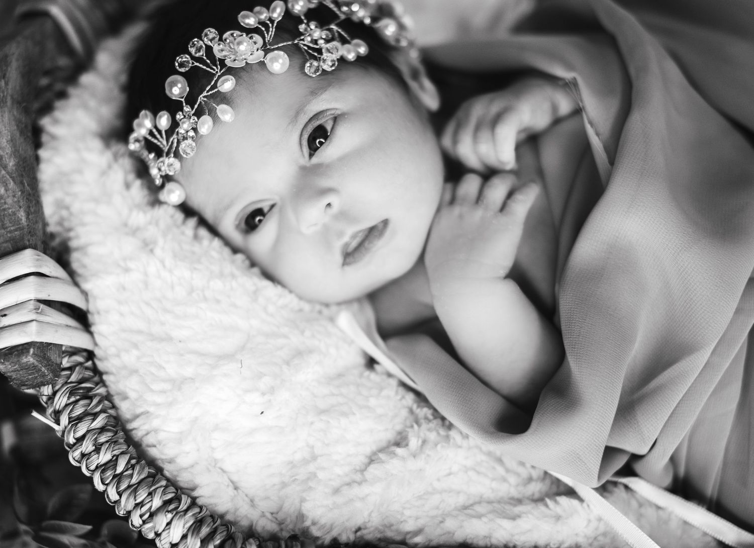 Black and white portrait of alert newborn baby in wicker basket.