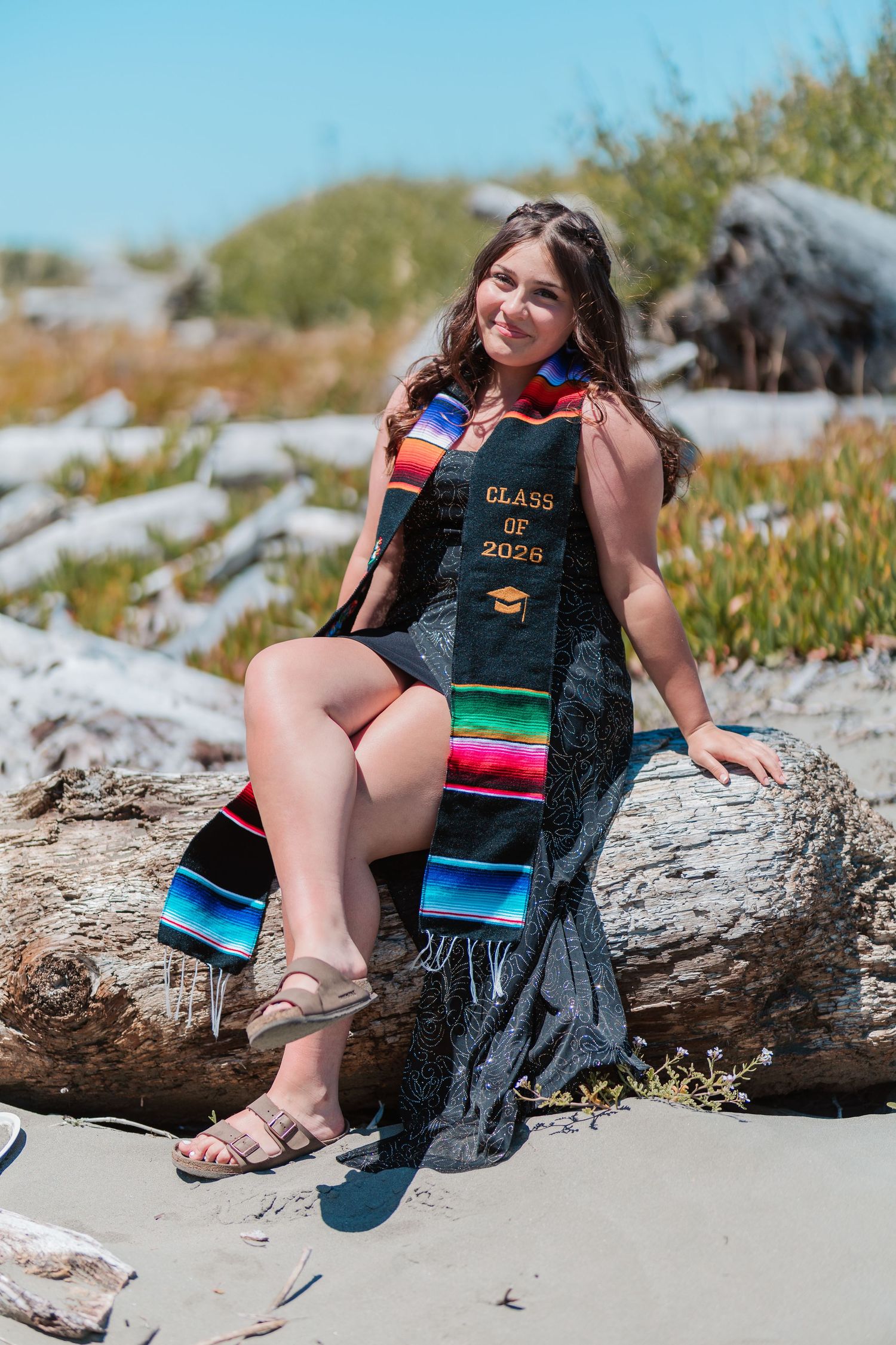 Smiling graduate wearing Class of 2026 stole sits on driftwood at a sunny beach.