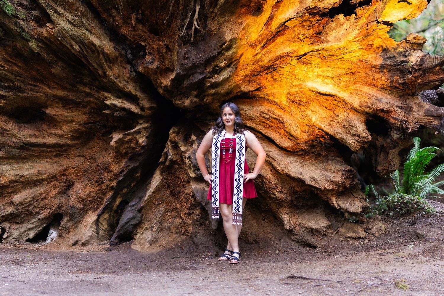 Woman in red patterned dress standing before a massive ancient redwood tree hollow in a forest park.