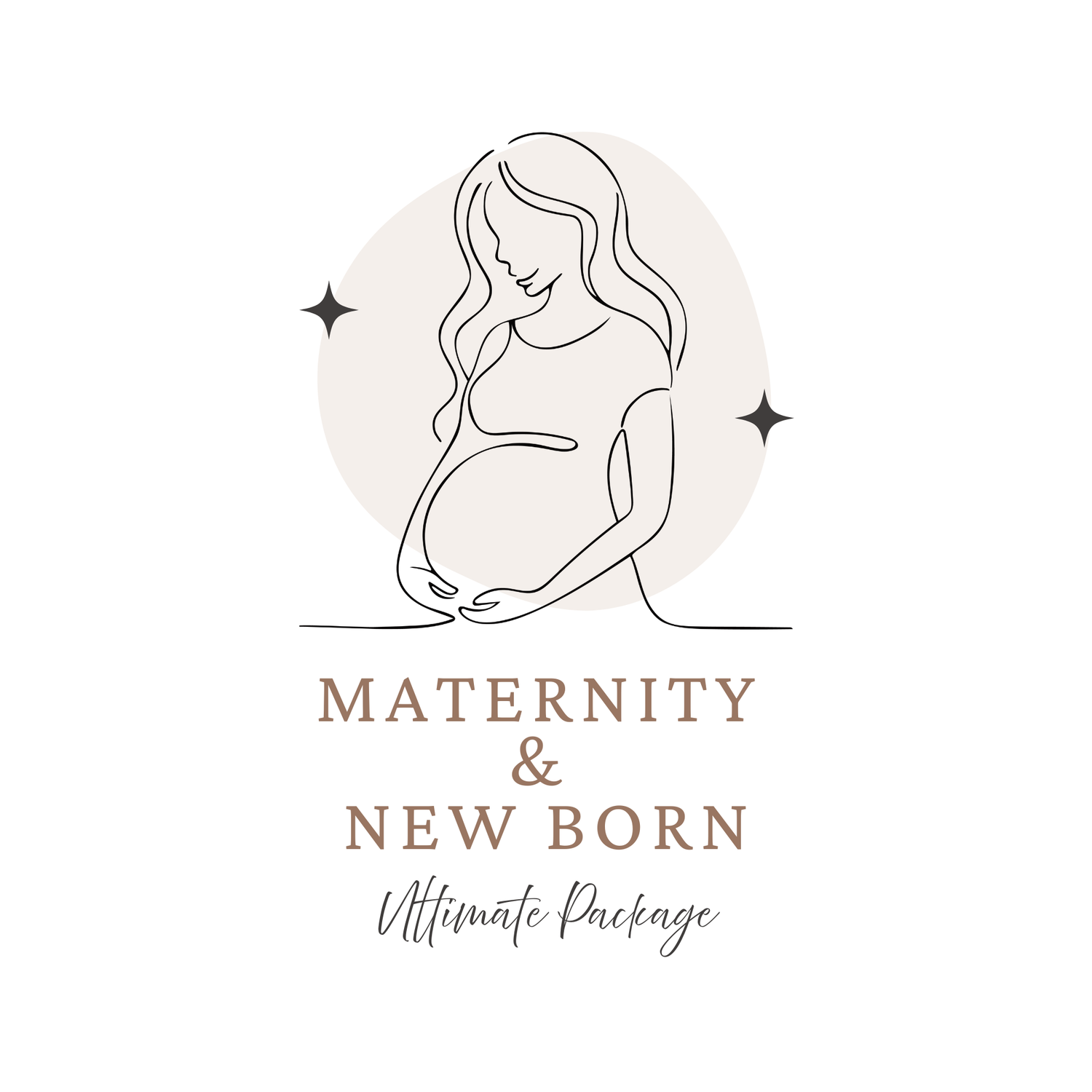 Maternity and newborn ultimate package logo featuring elegant line art of pregnant woman with sparkle accents.