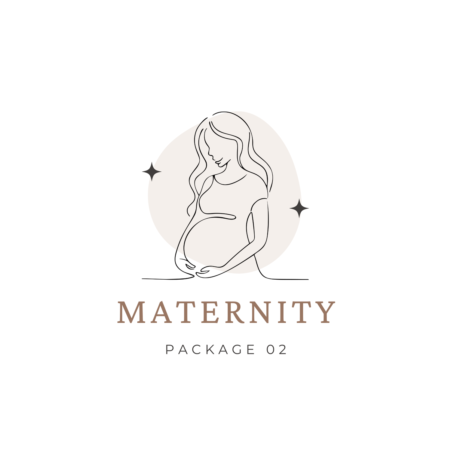 Elegant maternity photography package two logo featuring minimalist line art of pregnant woman with stars.