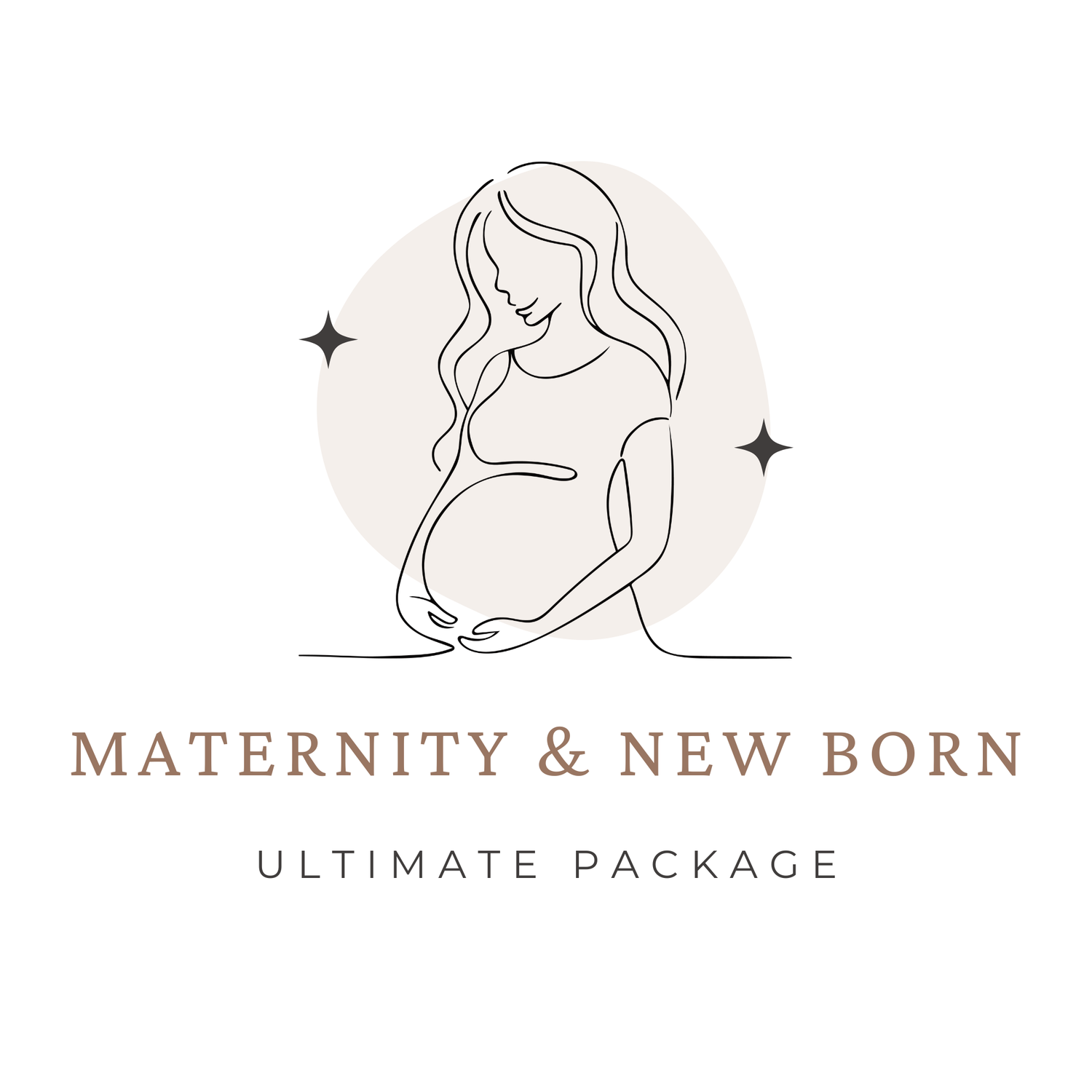 Maternity and newborn ultimate package logo with minimalist line drawing of pregnant woman and stars.