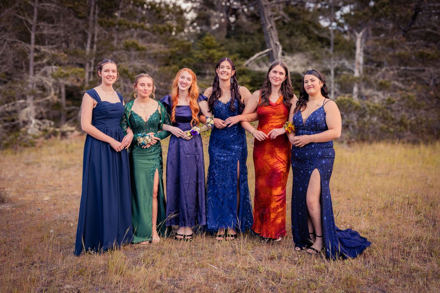 Six young women in elegant formal gowns pose together outdoors in a field, wearing dresses in jewel tones.