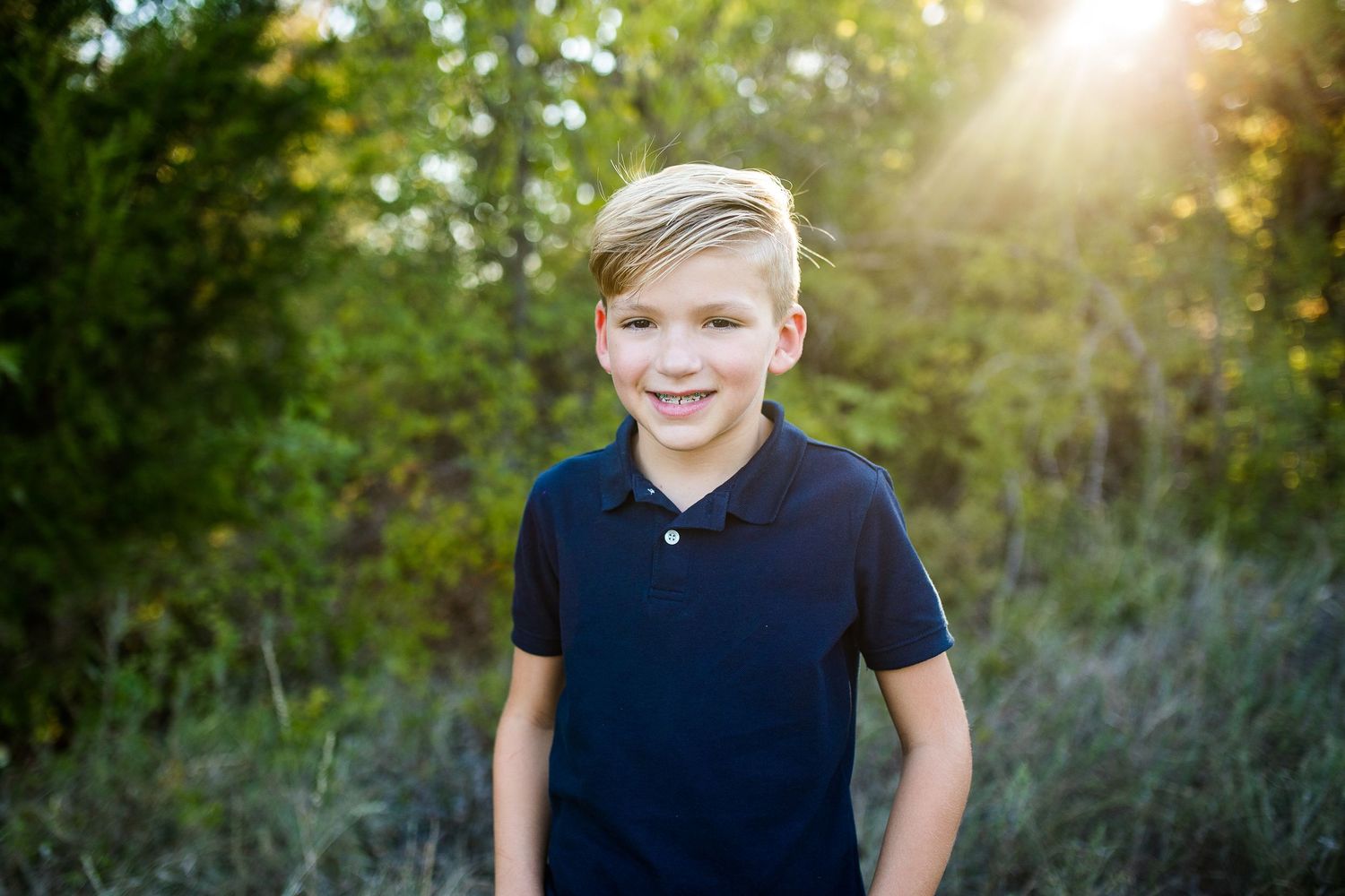 A series of outdoor portrait shots at golden hour with natural lighting and greenery in the background.