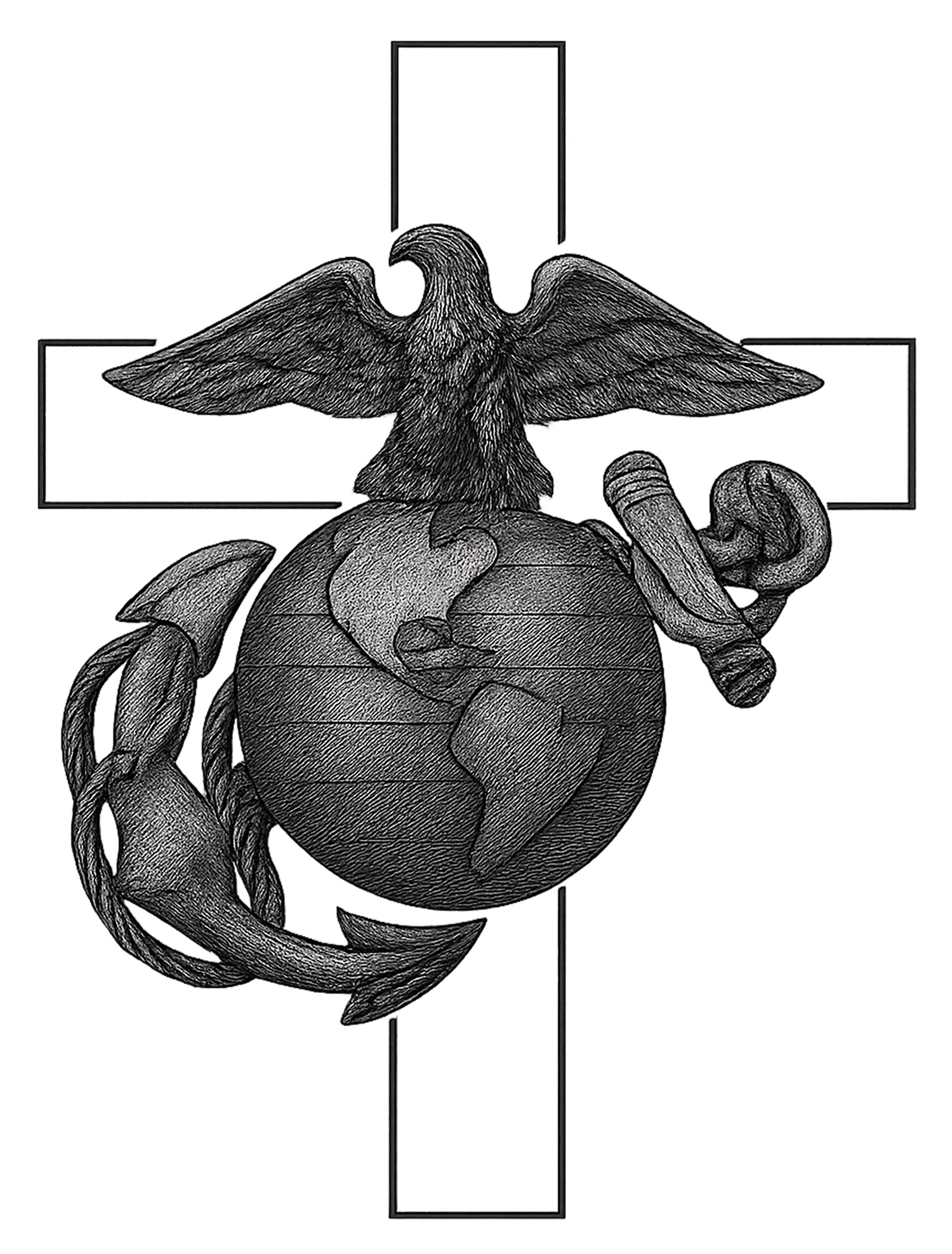 Four variations of the United States Marine Corps eagle, globe, and anchor emblem shown in black and white silhouette style.