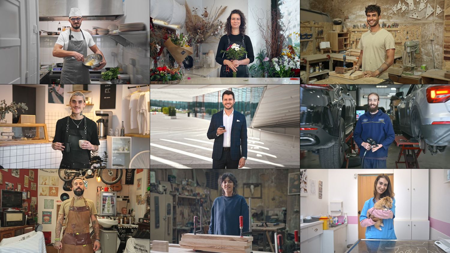 A collage of people working in various creative workspaces and studios showing artisans and makers at their craft.