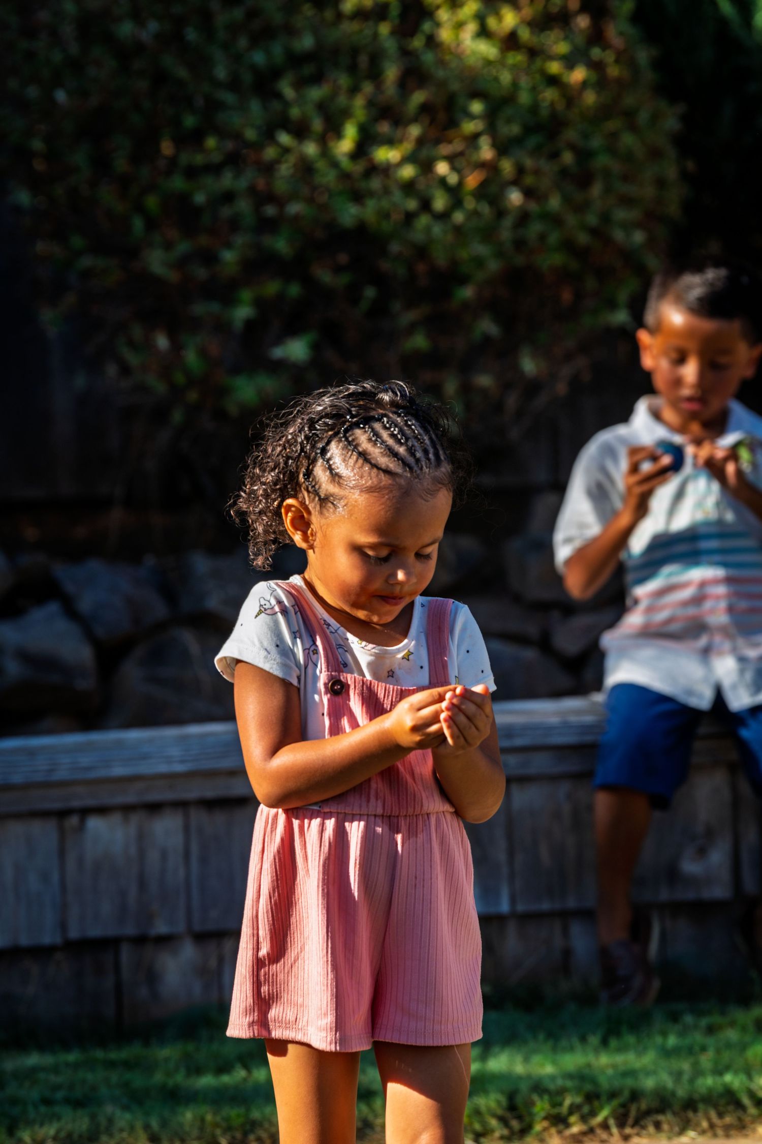 Children play and explore outdoors in a backyard garden setting during a sunny afternoon.