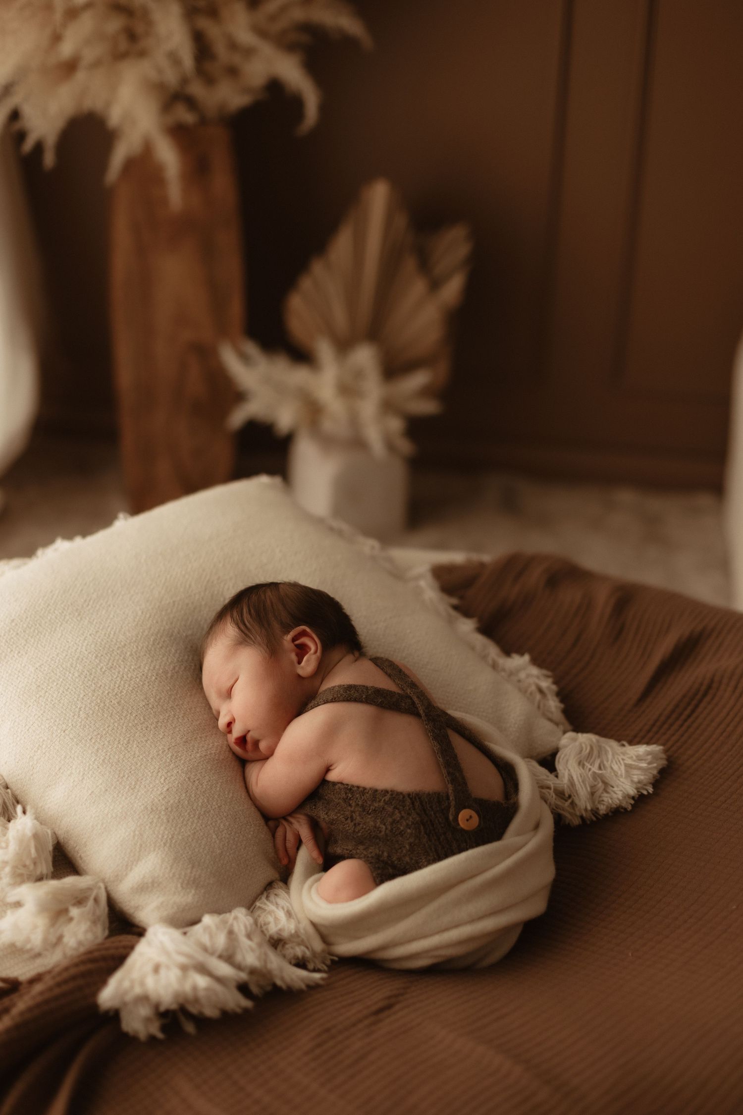 Sleeping newborn baby in brown overalls resting on a cream pillow with boho decor and pampas grass in background.