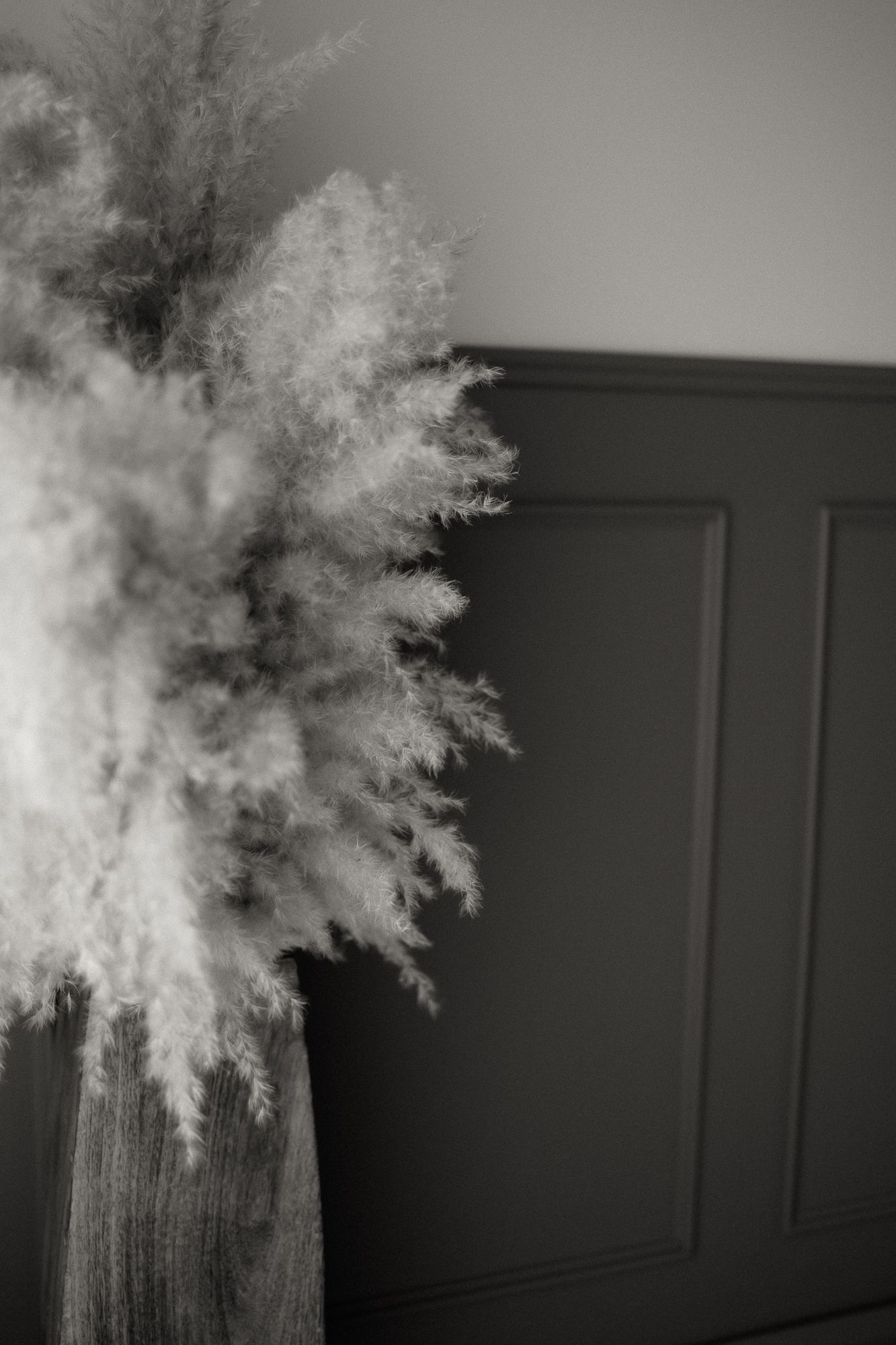 Black and white photo of fluffy pampas grass arrangement against a dark paneled wall.