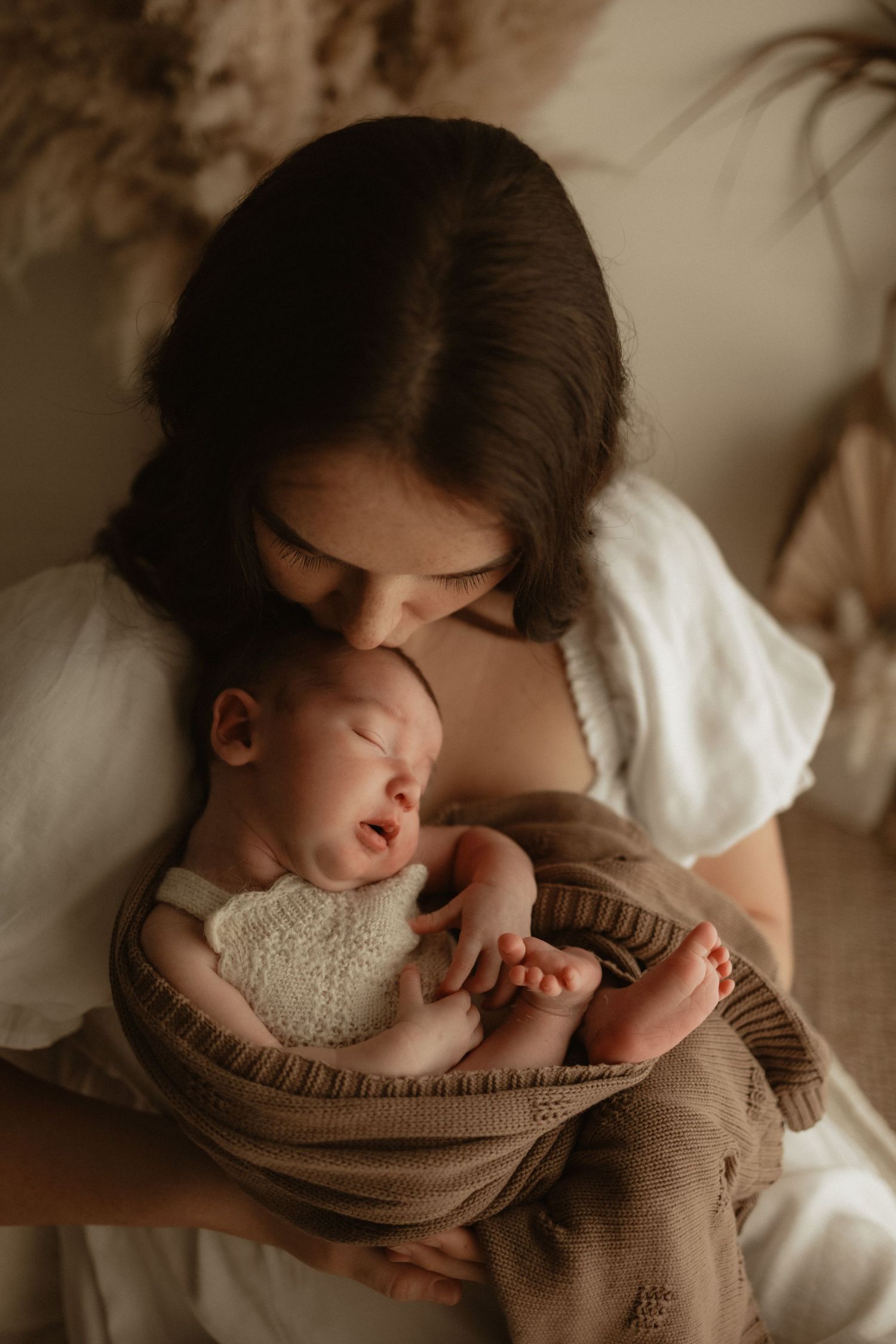 mum and newborn baby boho natural colours, soft light studio