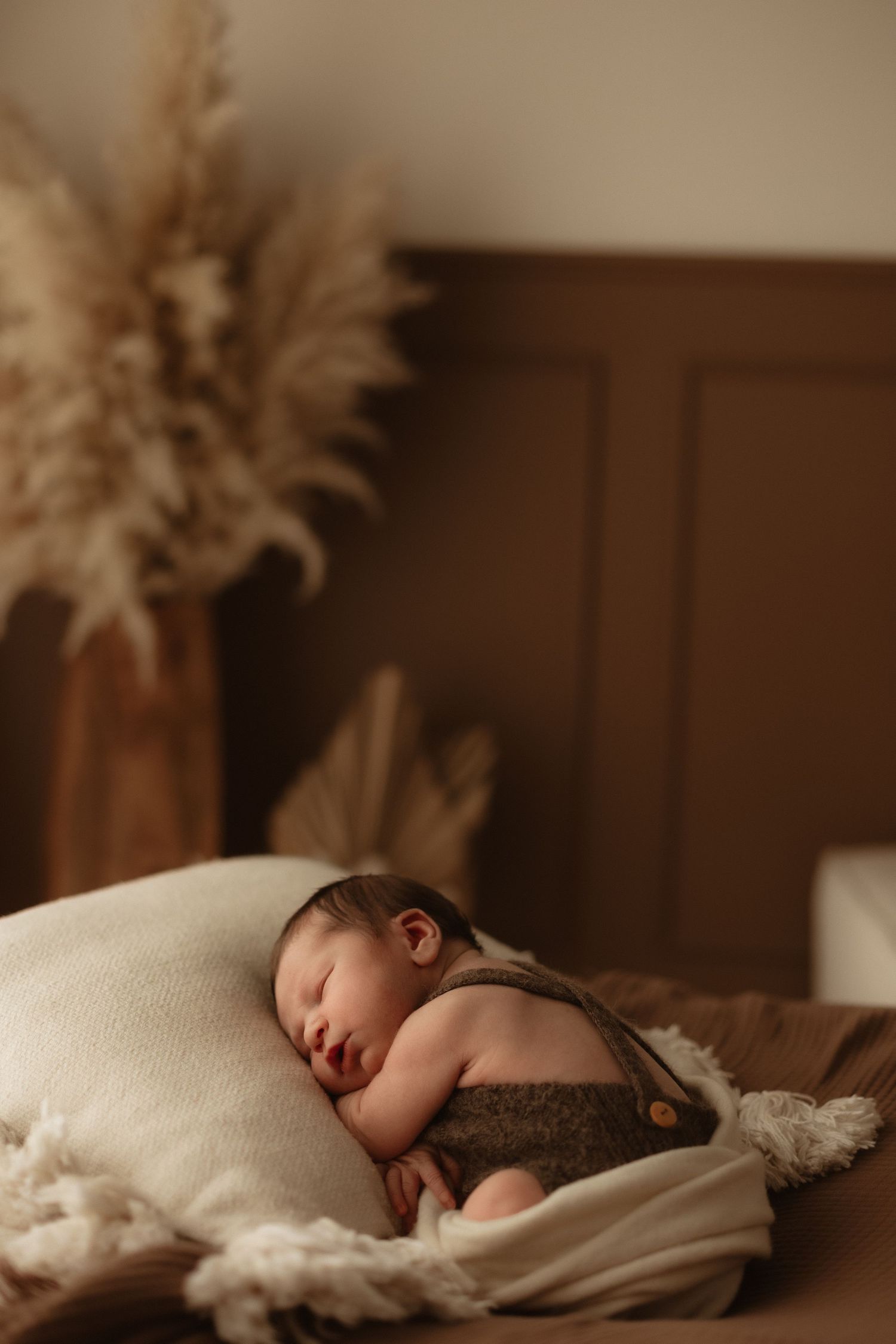Peaceful newborn baby sleeping on a cream pillow in brown overalls, surrounded by warm boho decor and pampas grass.