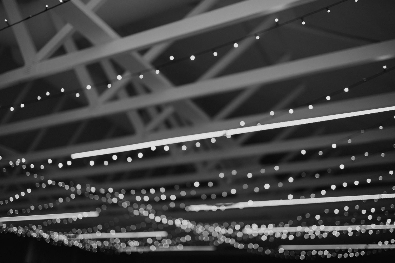 Black and white photo of fairy lights strung across wedding venue ceiling beams.
