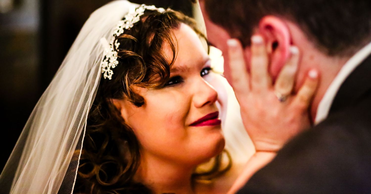A romantic wedding photo collage showing close-up moments between a bride and groom during their celebration.