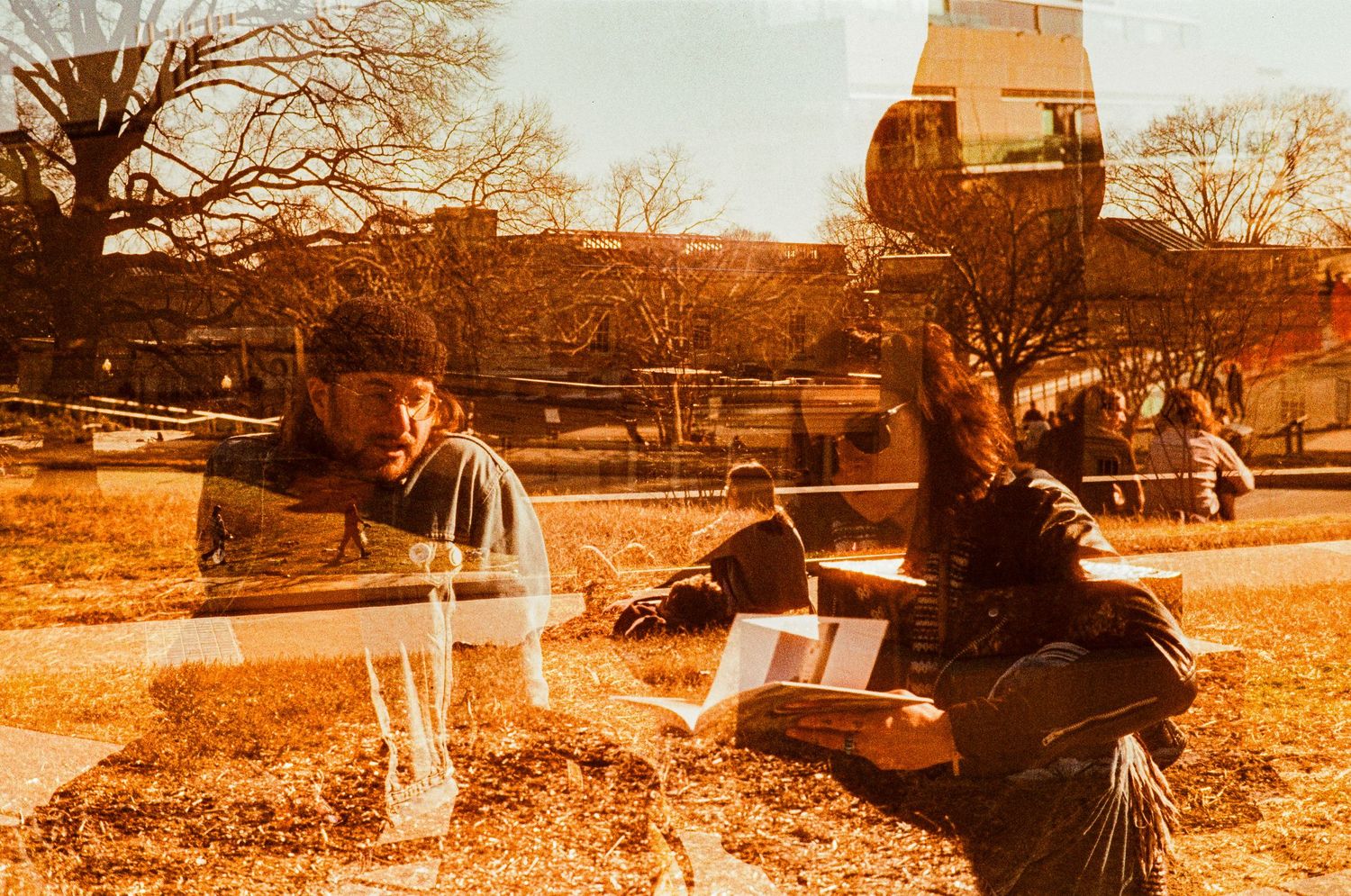 Sepia-toned panoramic landscape sequence showing trees and buildings in warm lighting.