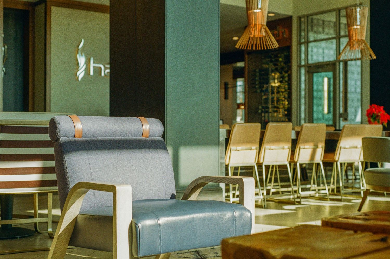 Modern minimalist lounge area with gray furniture and pendant lighting.