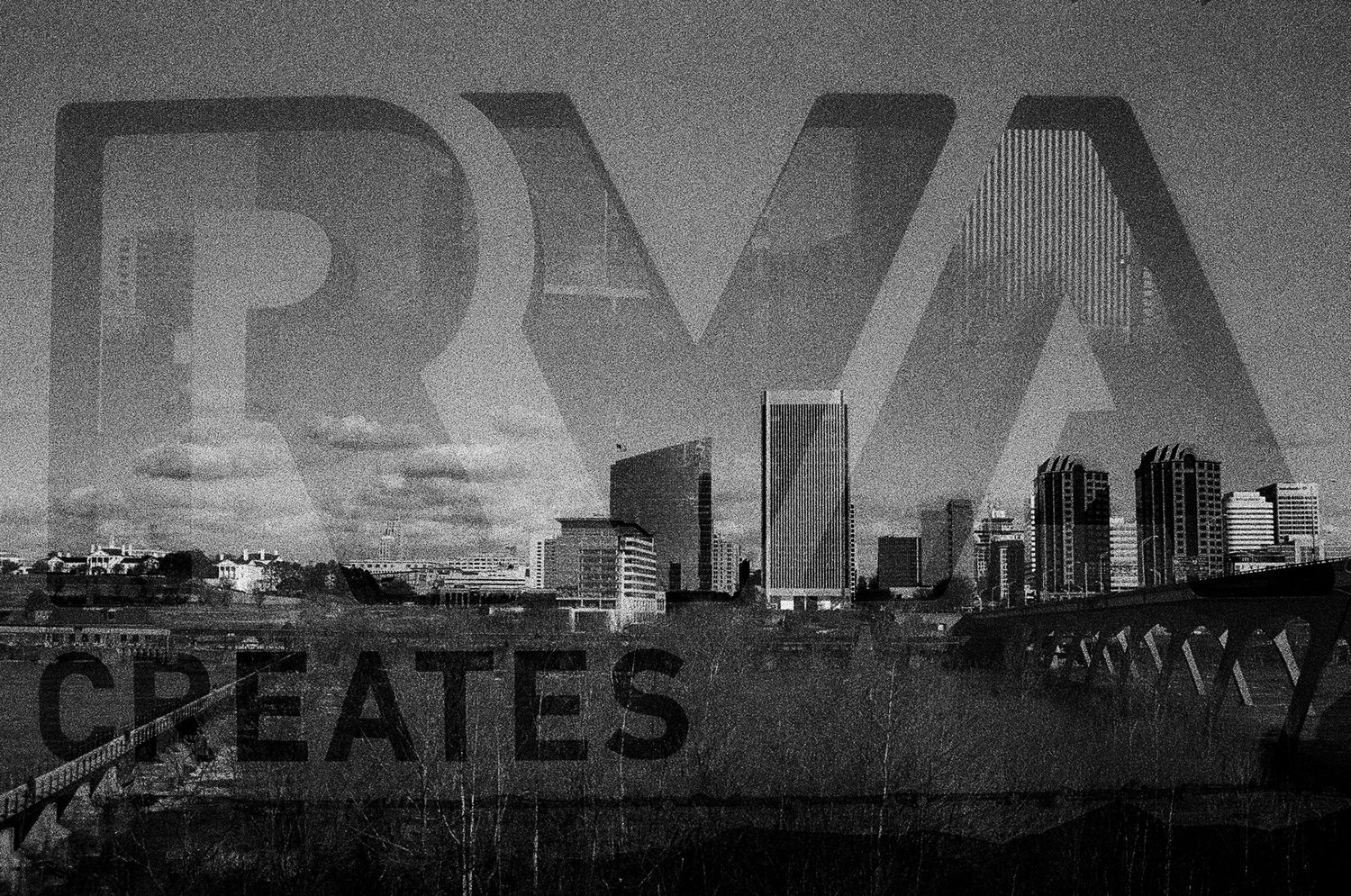 Urban skyline with RVA Creates text overlay in black and white.