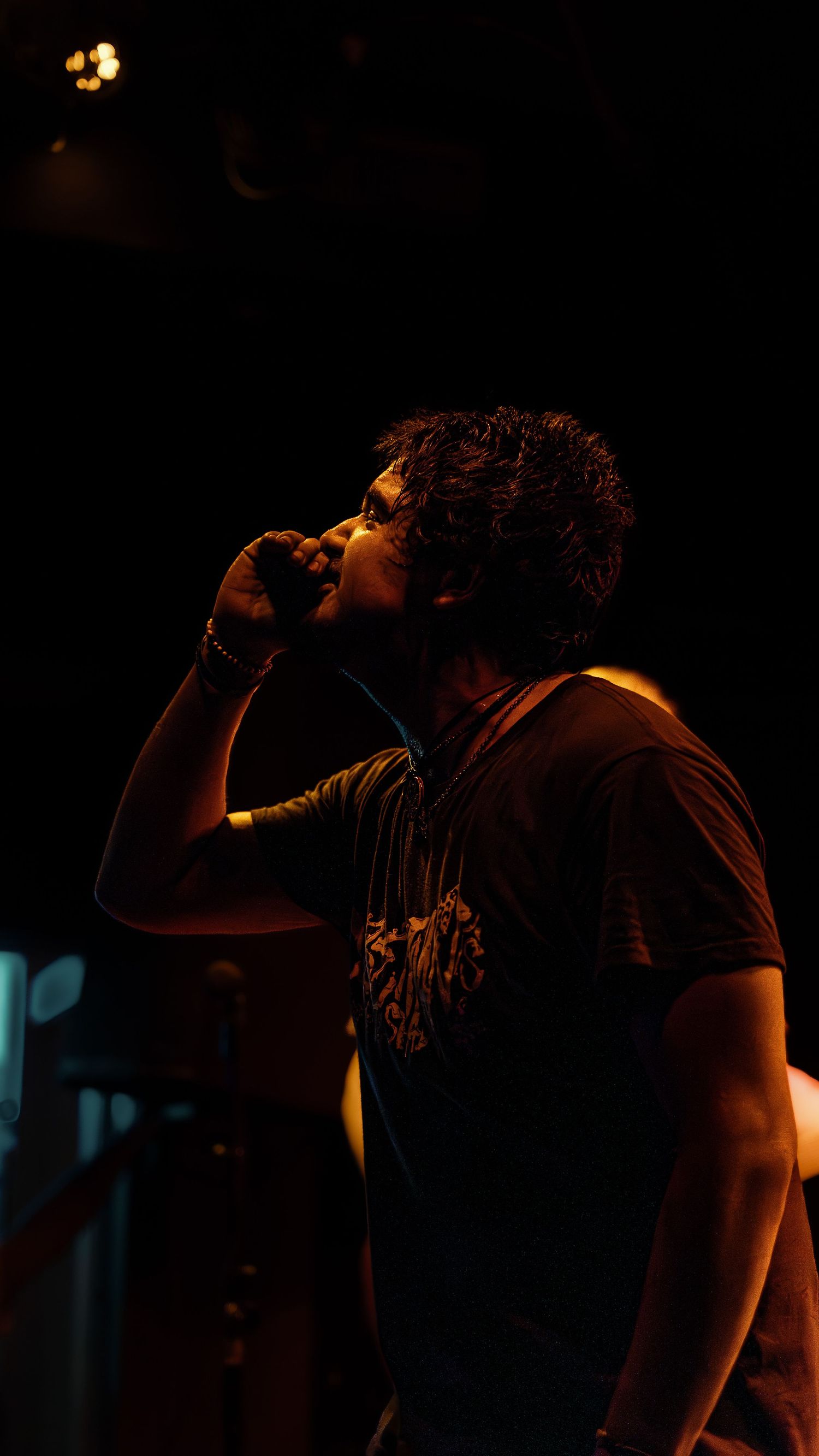 Dramatic silhouette shows a musician performing with a microphone in dark lighting against a black background.