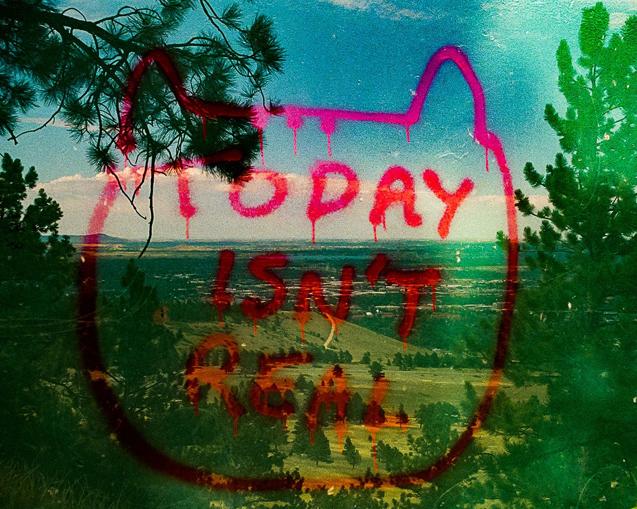 Pink graffiti text overlaid on a scenic green landscape with blue sky.