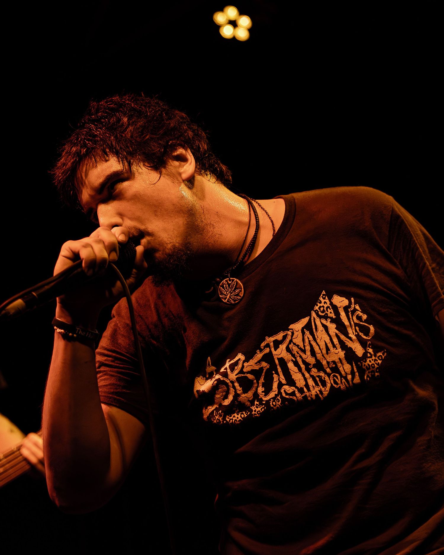 A dramatic dark silhouette of a singer performing on stage in low-key lighting with reddish tones.