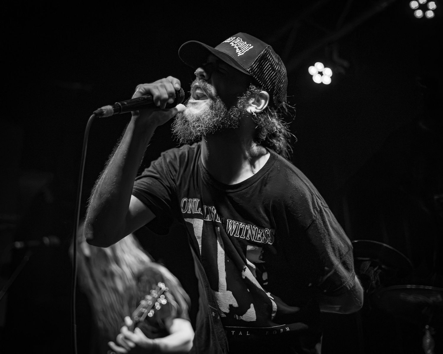 Black and white photo montage of various people performing on stage during what appears to be a live music concert.