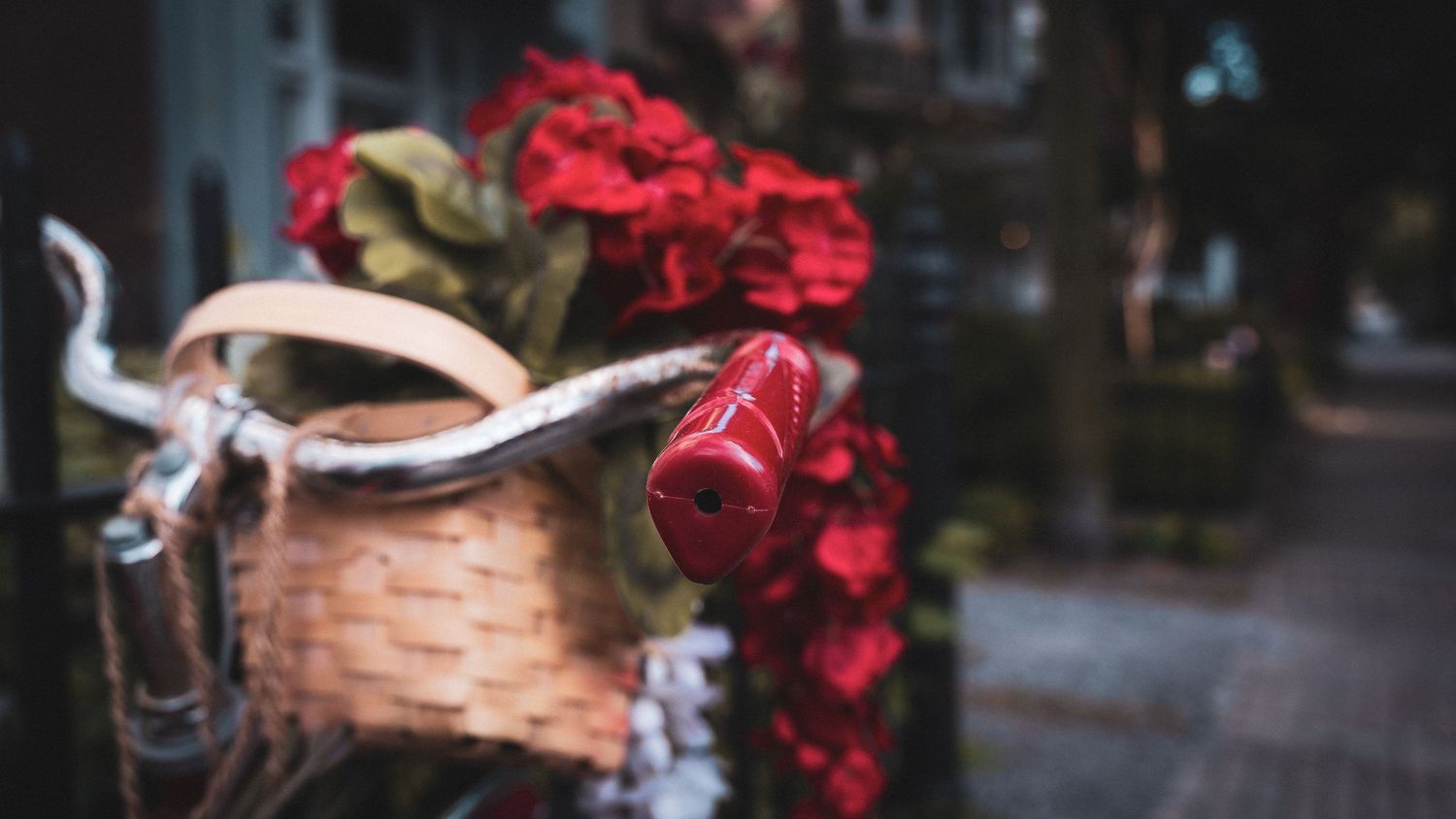 Red flowers bloom along a path with bikes and lamp posts on a foggy city street.