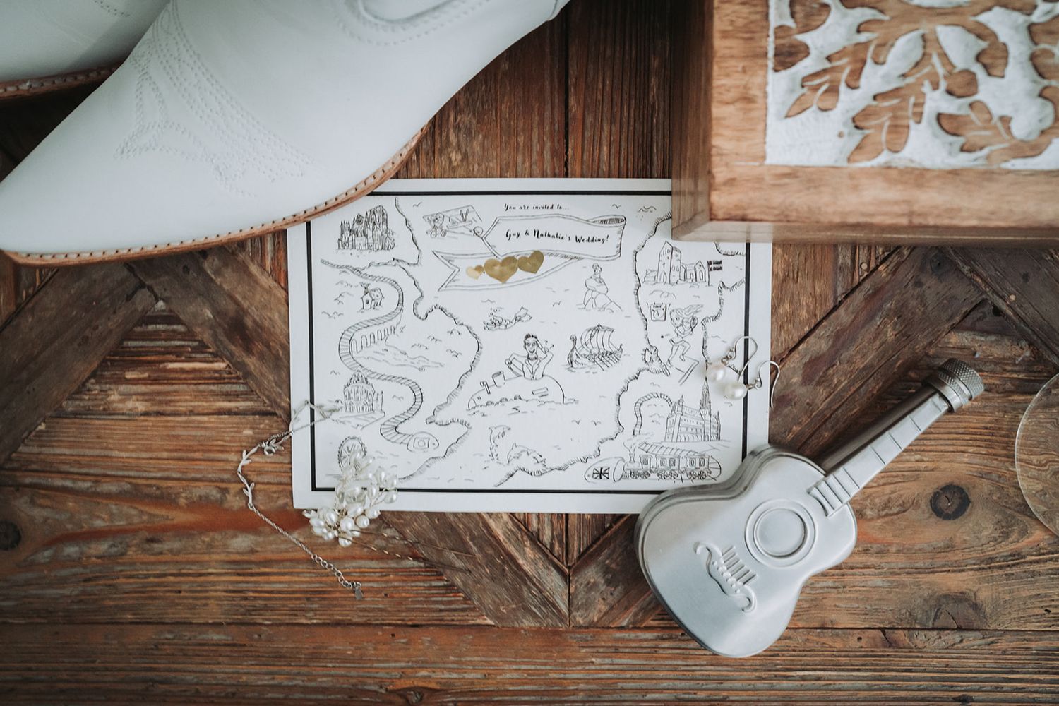 Hand-drawn treasure map surrounded by white Nintendo style game controller on rustic wood table surface.