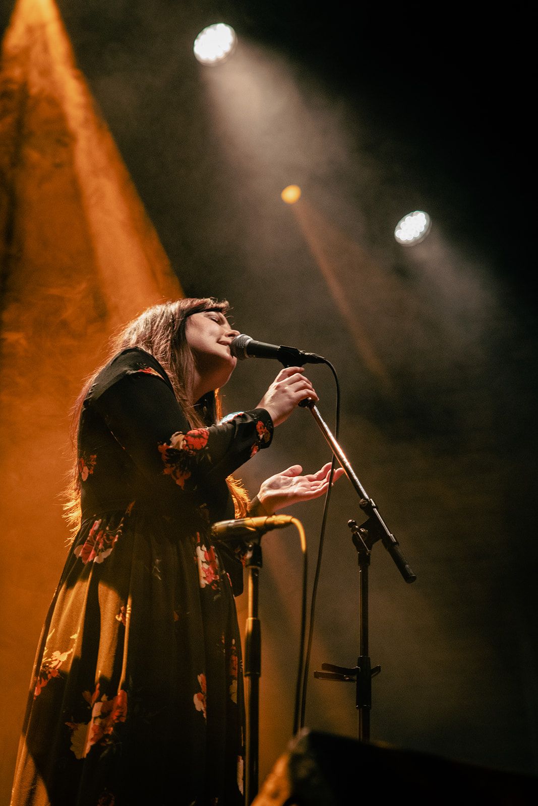 A singer in a long black dress performs passionately on stage under dramatic spotlights during a concert performance.
