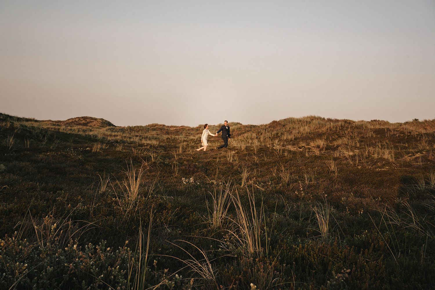 A distant couple silhouetted on a hilltop amongst tall grass during golden hour.