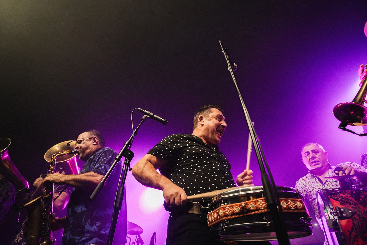Musicians performing on stage with purple concert lighting and drum kit visible in the background.
