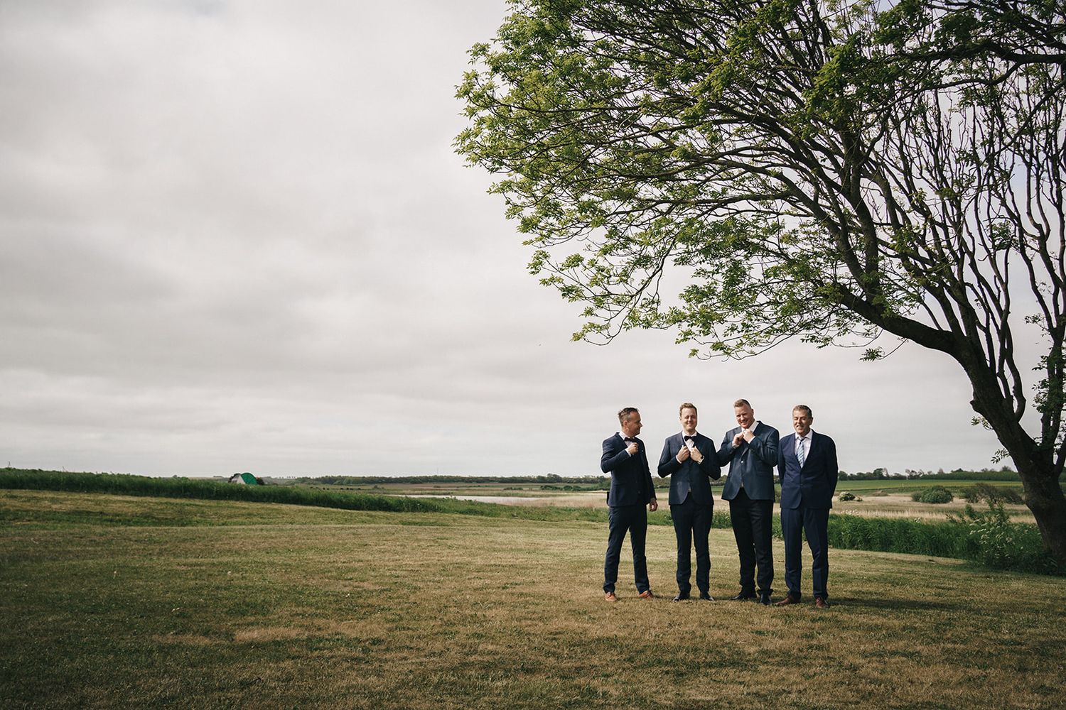 Group stands beneath lone tree on hillside overlooking scenic coastal landscape on overcast day.