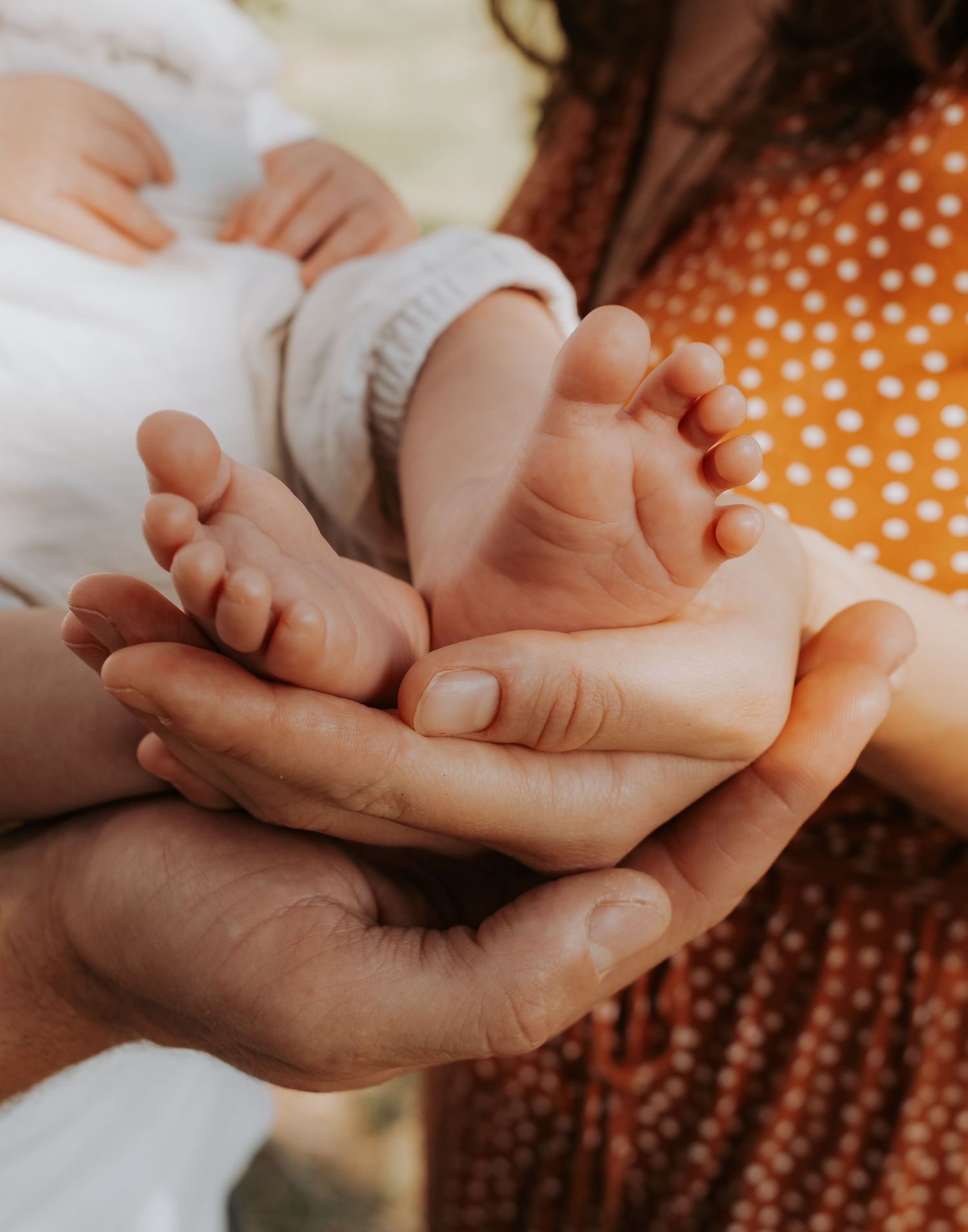 Detail shots of hands holding and cradling against polka dot fabric background.